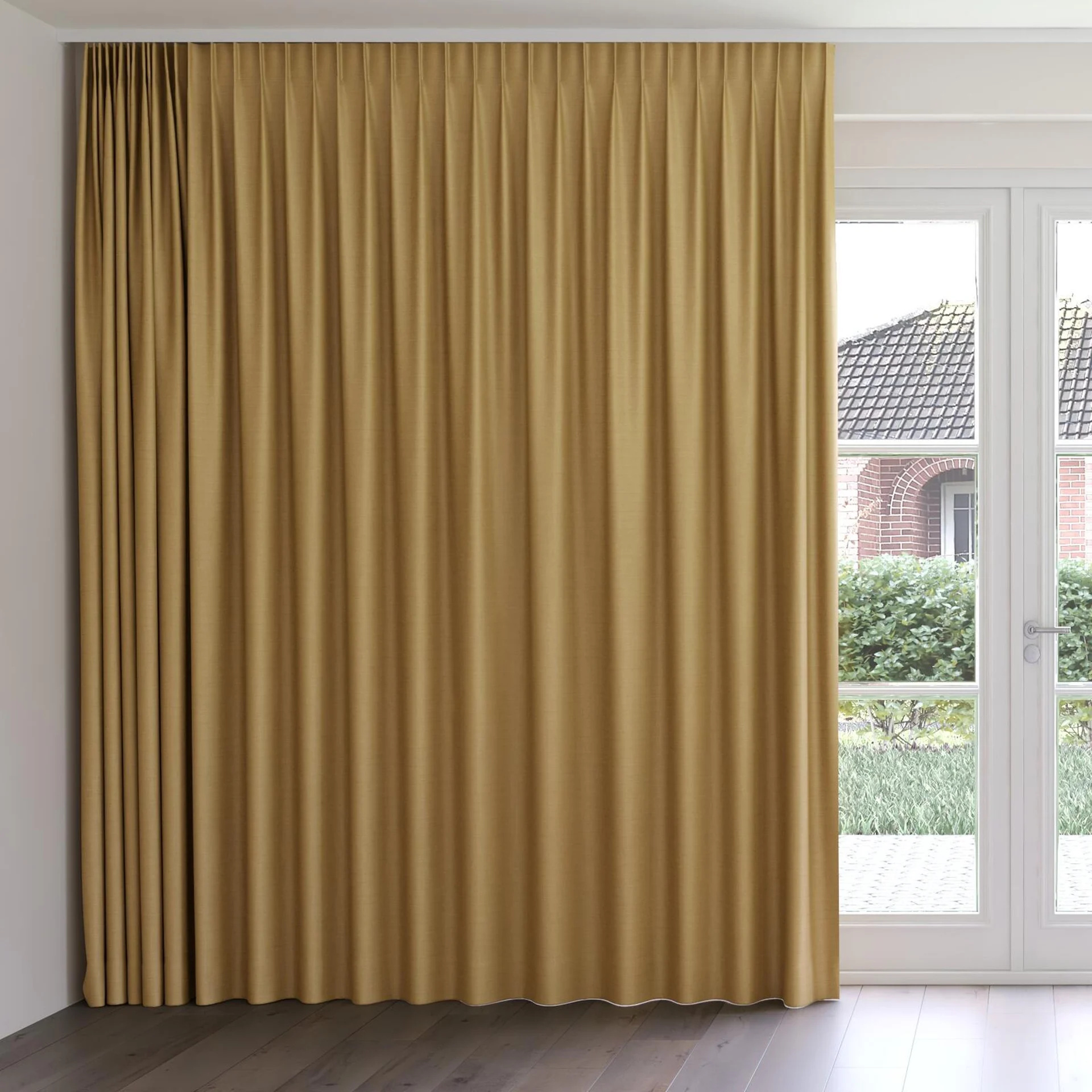 Front view of Linex Pecan, on curtain rail