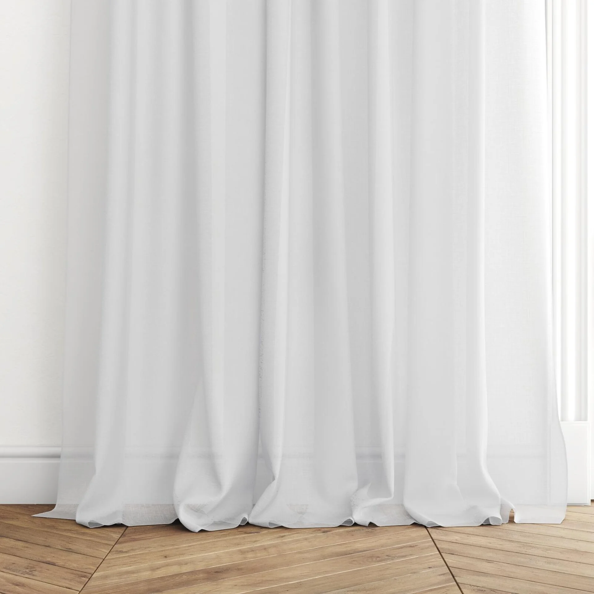 Bottom view of Uno Ice, puddled with pinch pleat, on curtain rod