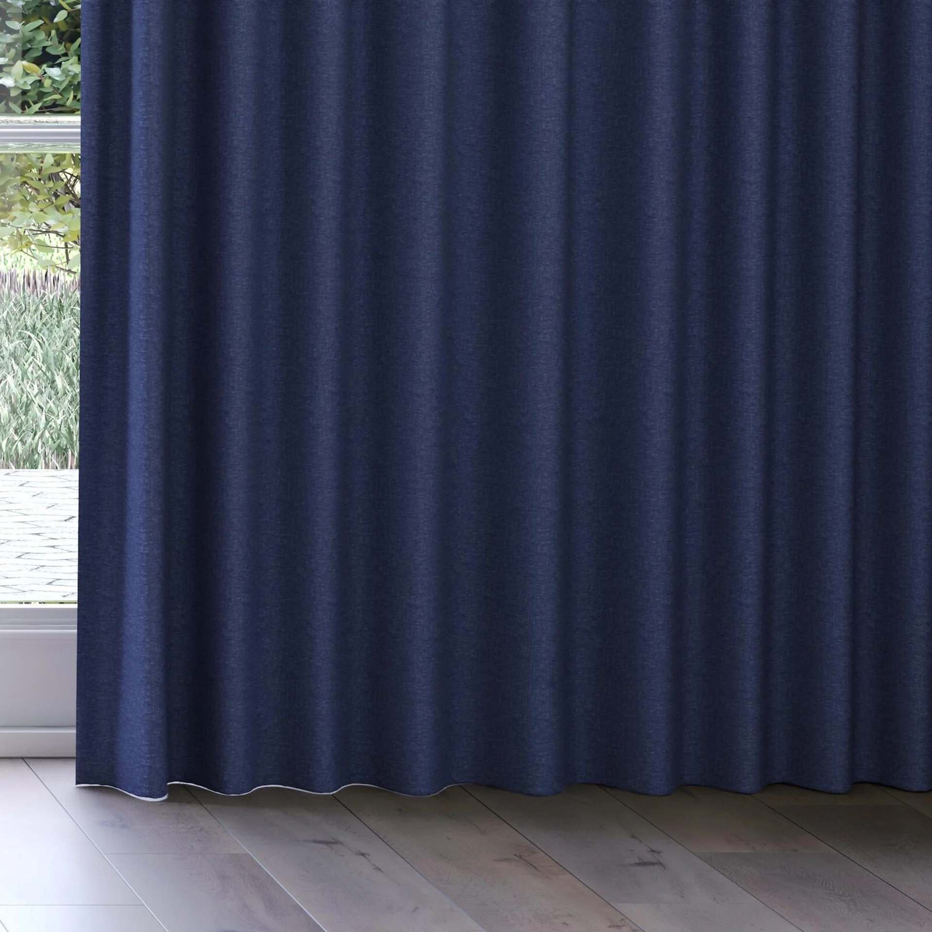 Bottom view of Coverlet Denim, on curtain rail