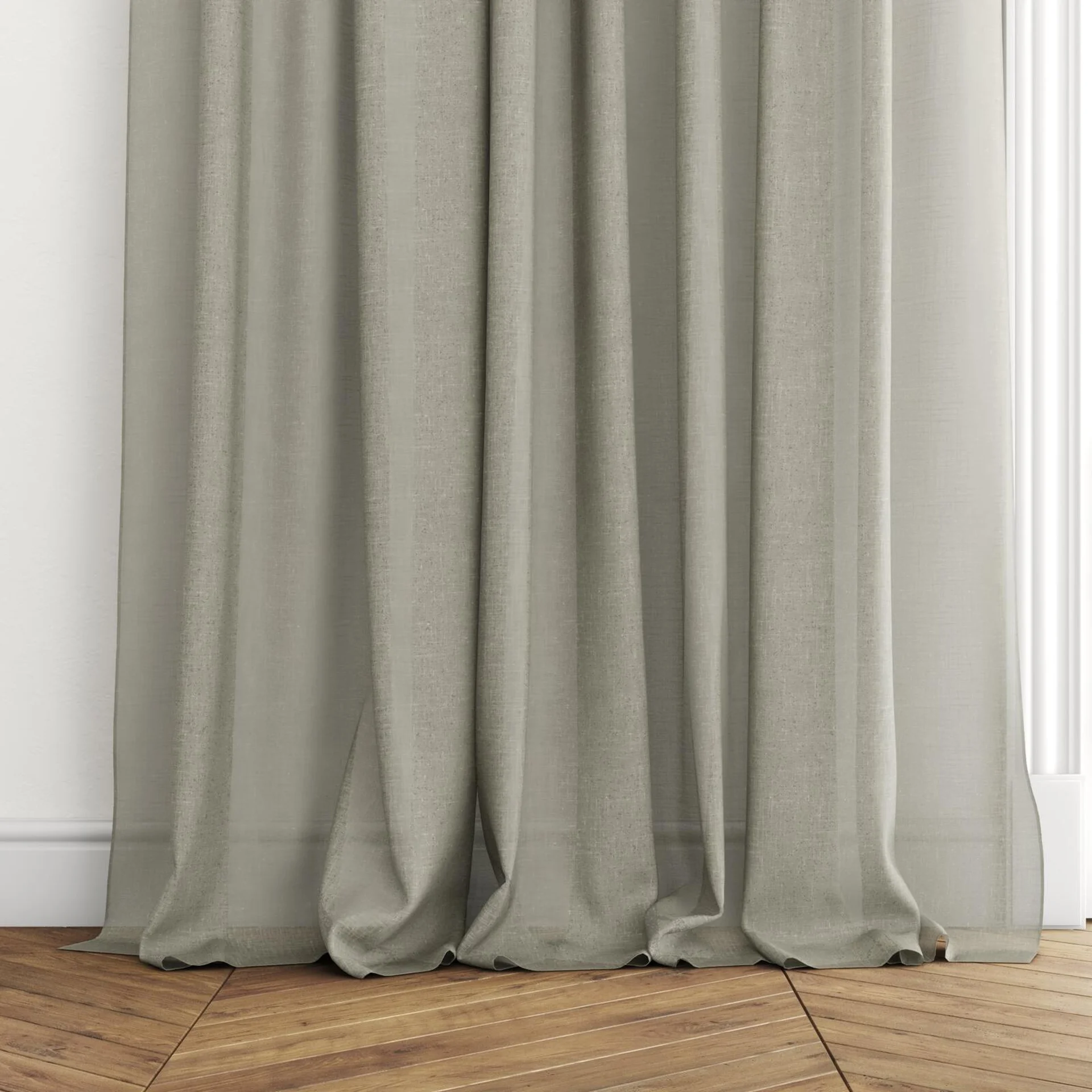 Bottom view of Uno Seagrass, puddled with pinch pleat, on curtain rod