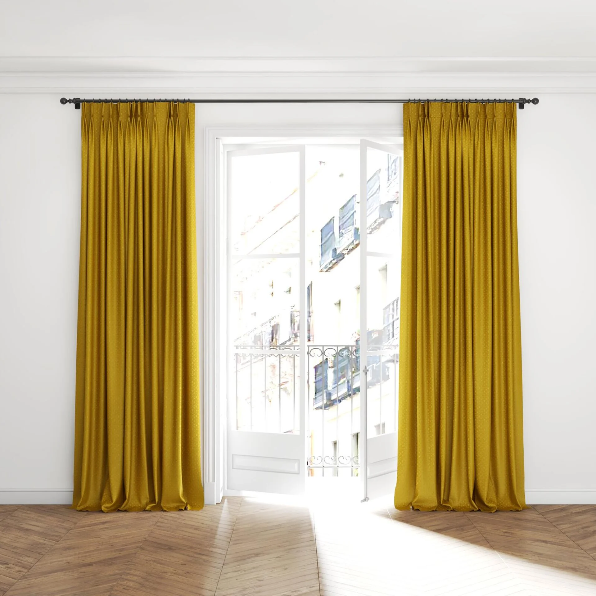 Full view of Requiem Gold, puddled with pinch pleat, on curtain rod