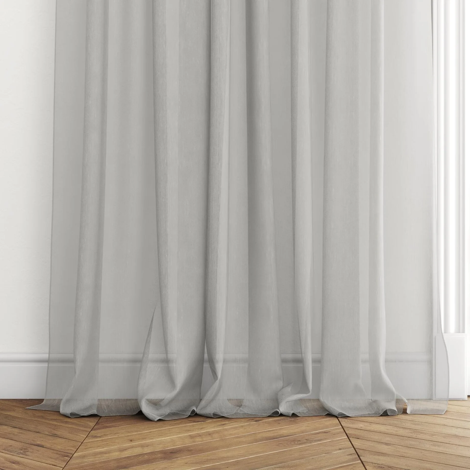 Bottom view of Aurora Silver, puddled with pinch pleat, on curtain rod