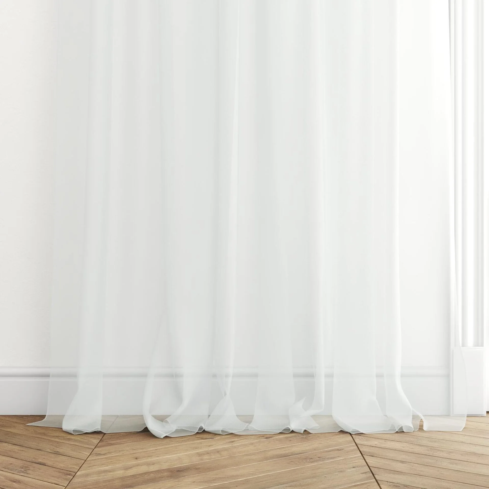 Bottom view of Xo Vanilla, puddled with pinch pleat, on curtain rod
