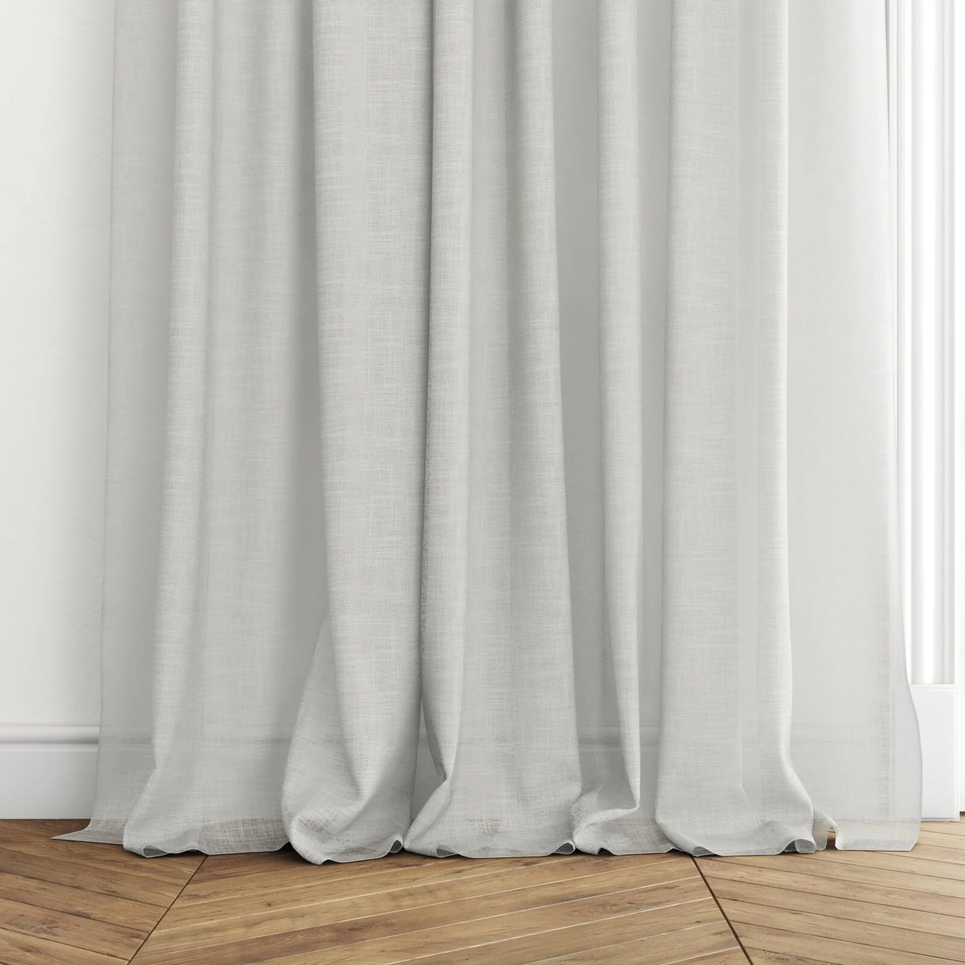 Bottom view of Verdant Pelican, puddled with pinch pleat, on curtain rod