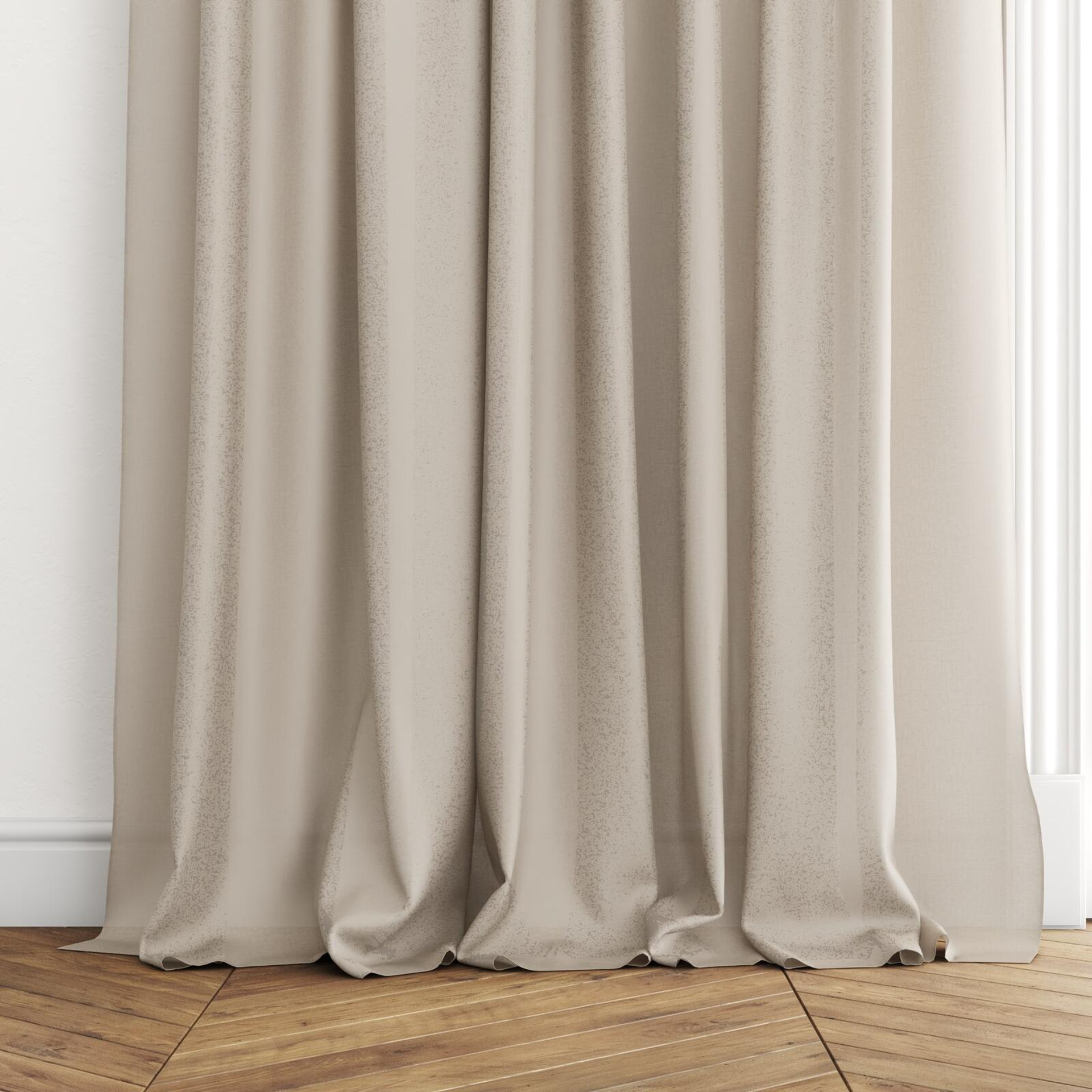 Bottom view of Wategos Linen, puddled with pinch pleat, on curtain rod