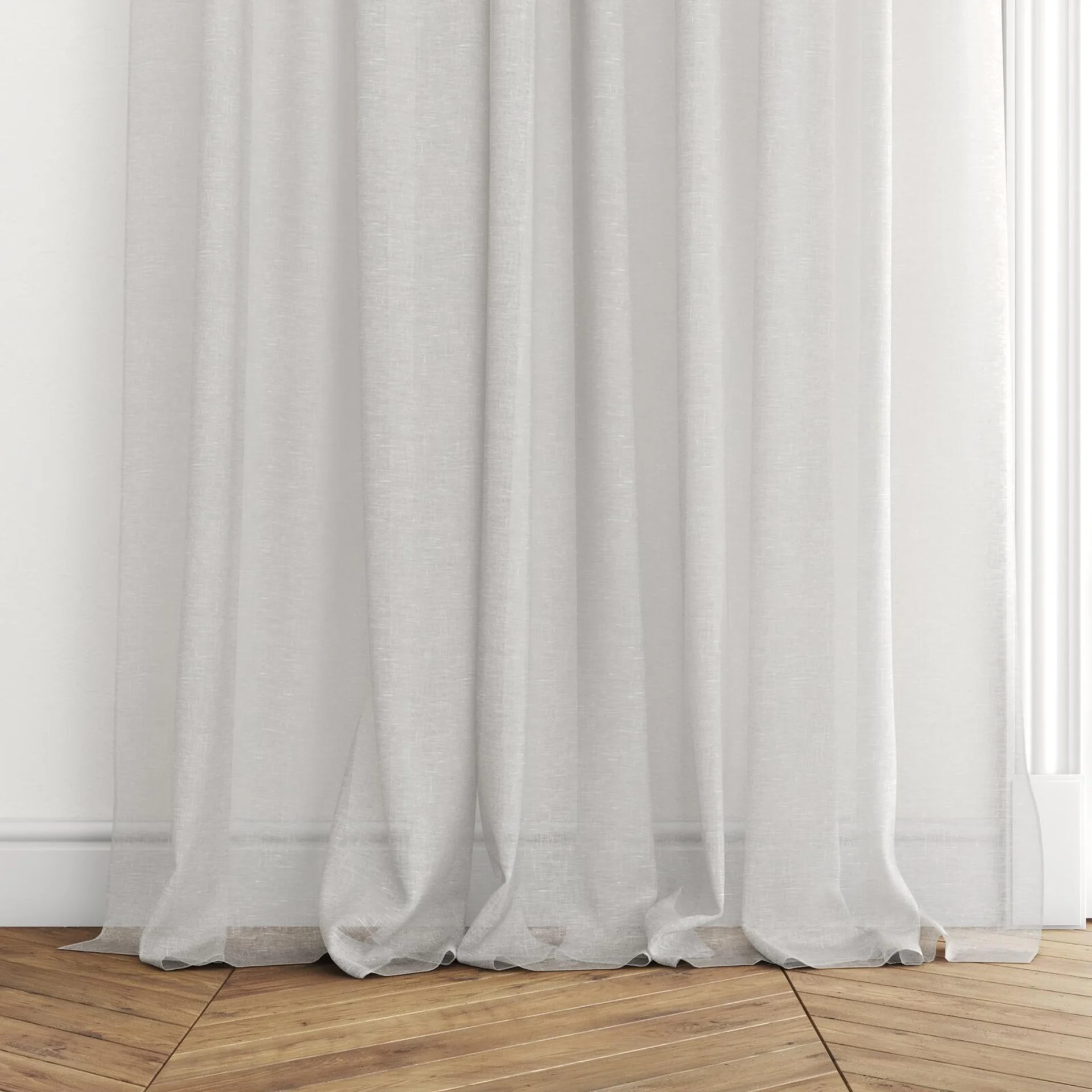 Bottom view of Enso Pearl, puddled with pinch pleat, on curtain rod