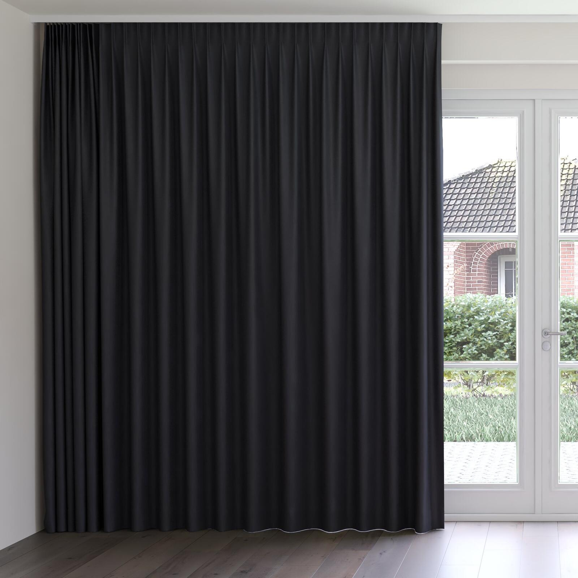 Front view of Kanvas Ebony, on curtain rail