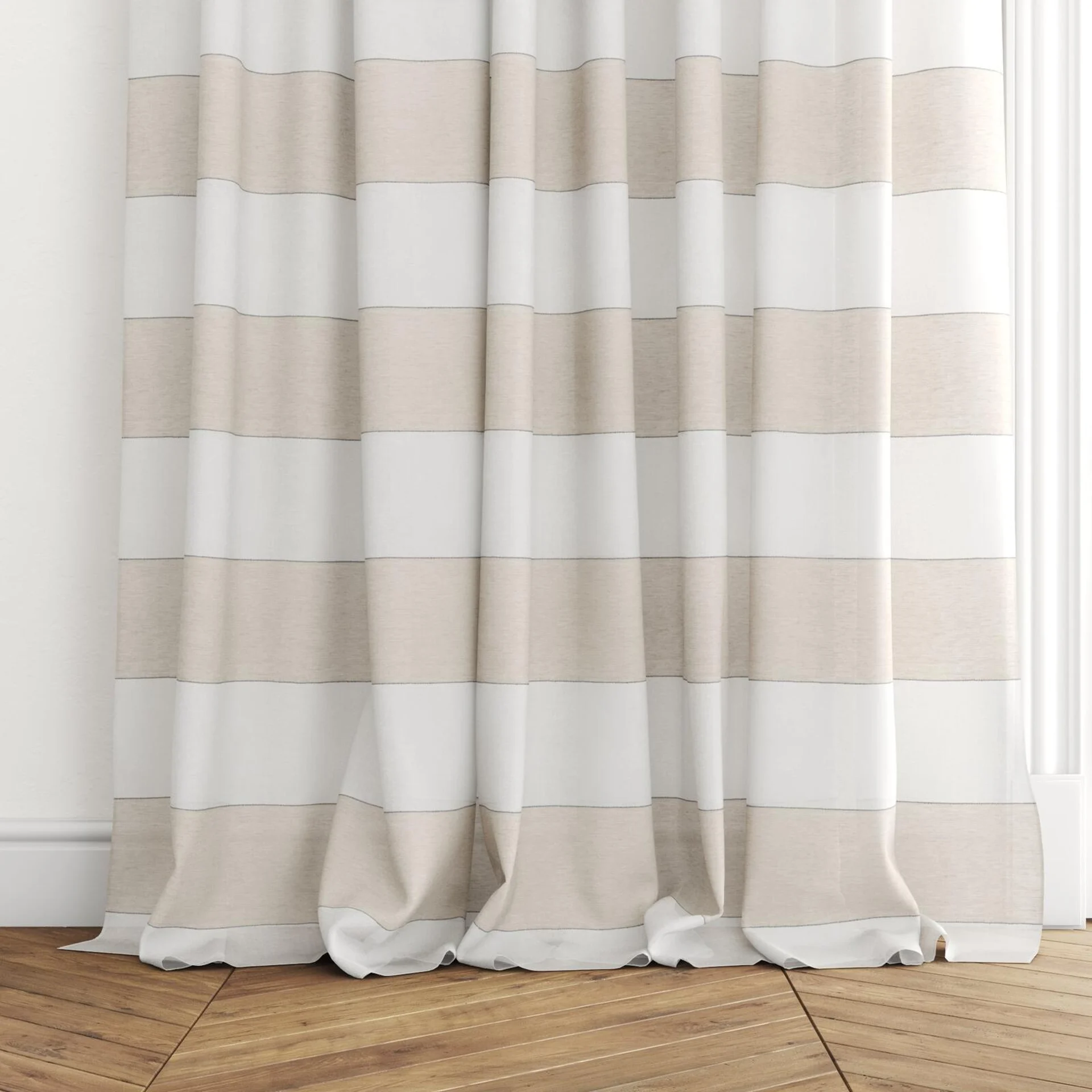 Bottom view of Long Beach Sand, puddled with pinch pleat, on curtain rod