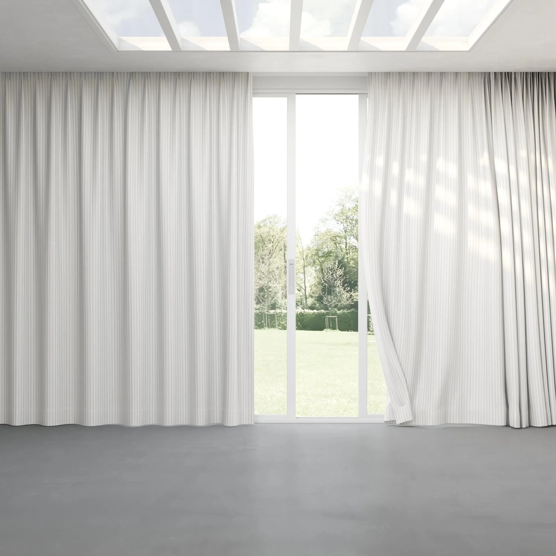 Full view of Chambray Ticking Sepia, pinch pleat
