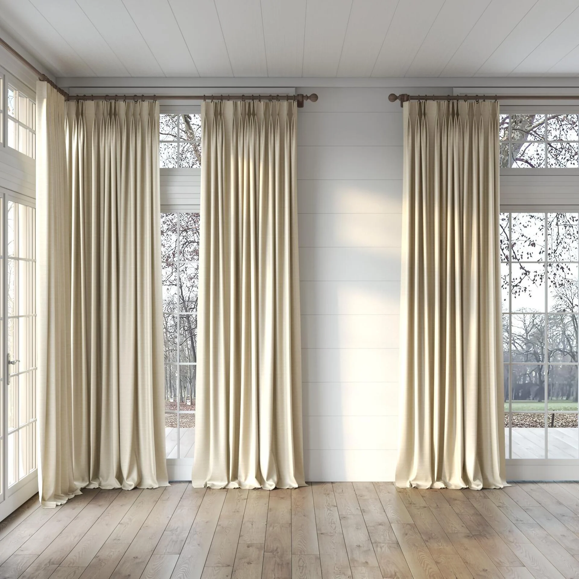 Full view of Silky Ecru, puddled, on curtain rod