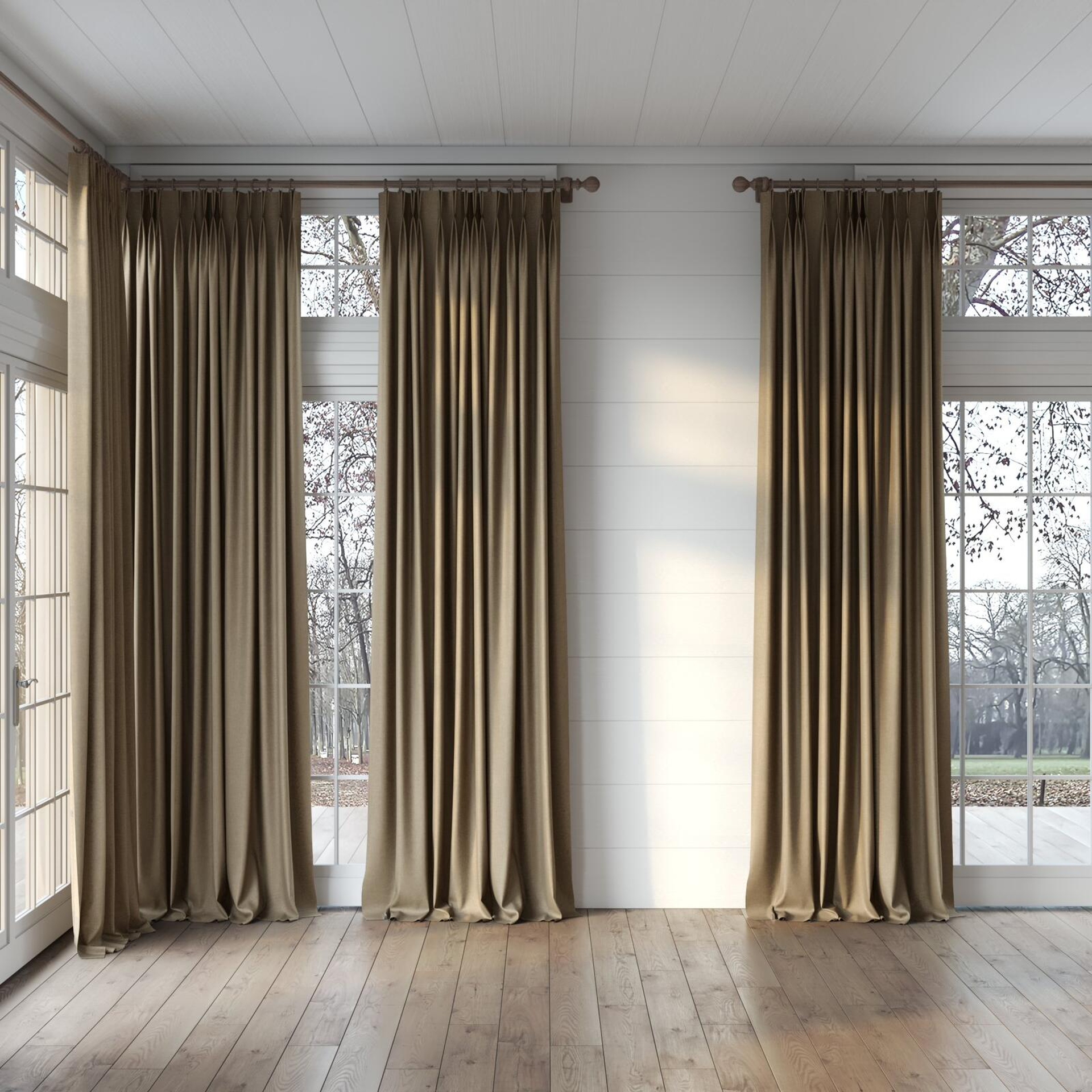 Full view of Bronco Truffle, puddled, on curtain rod