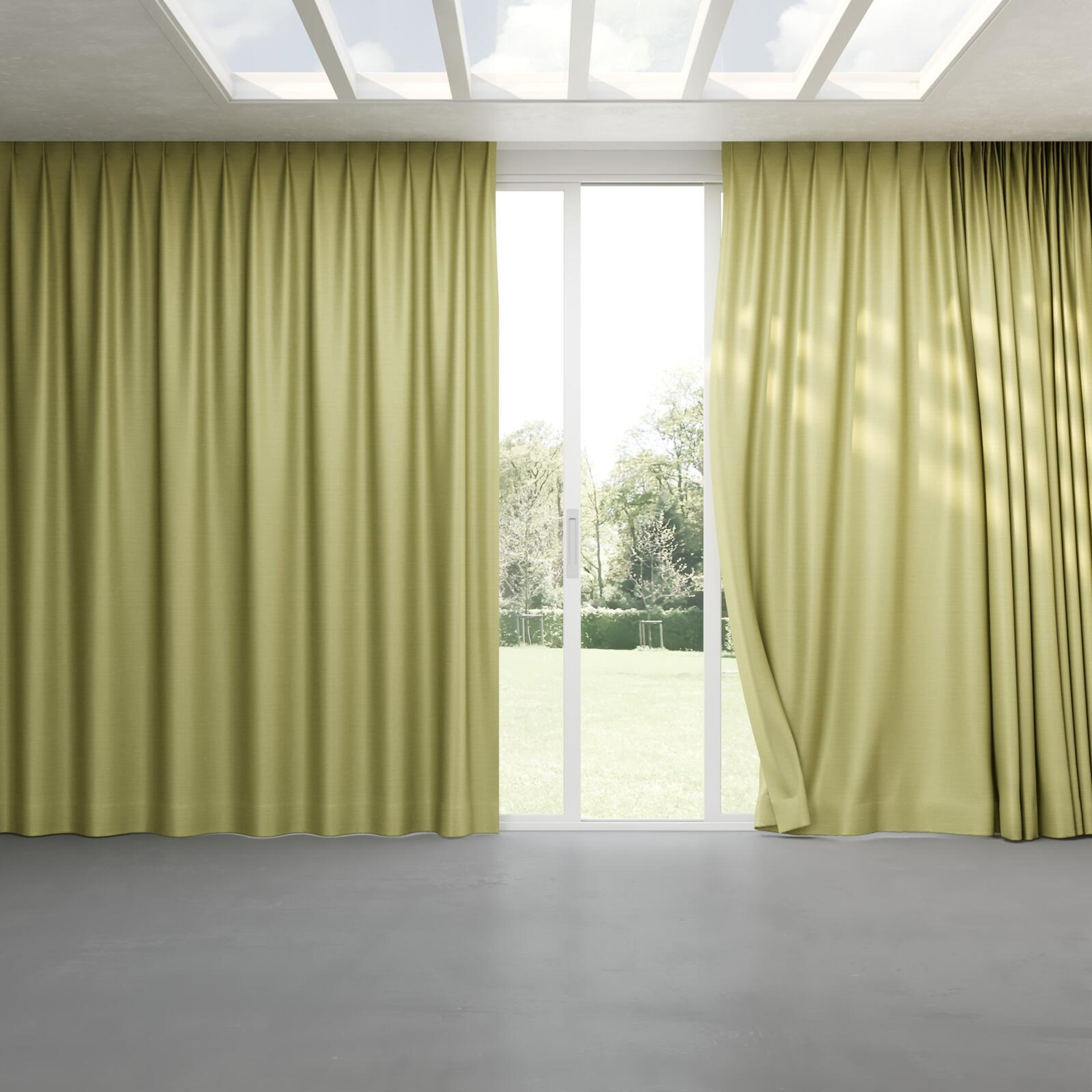 Full view of Silky Pistachio, pinch pleat