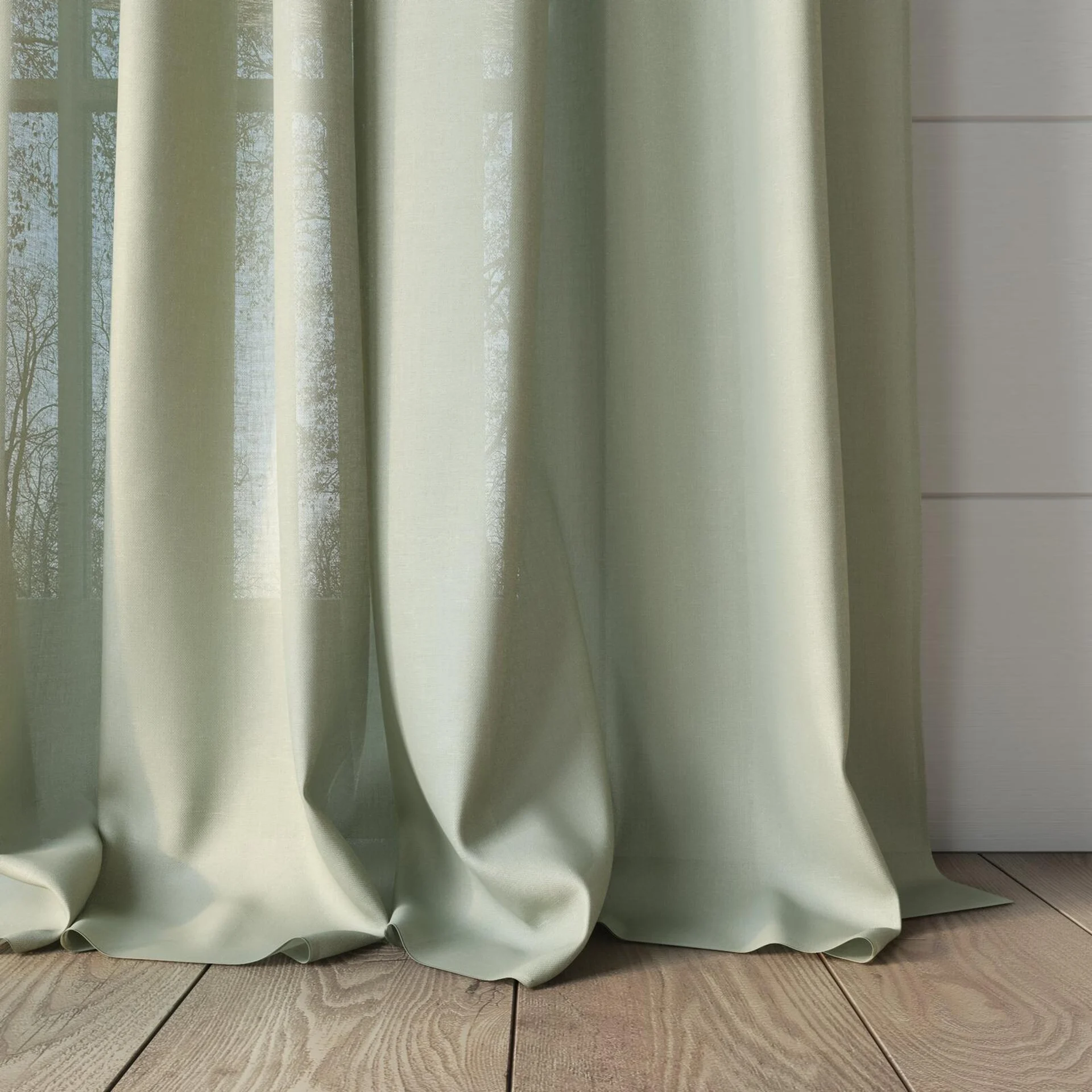 Bottom view of Gossy Linden, puddled, on curtain rod
