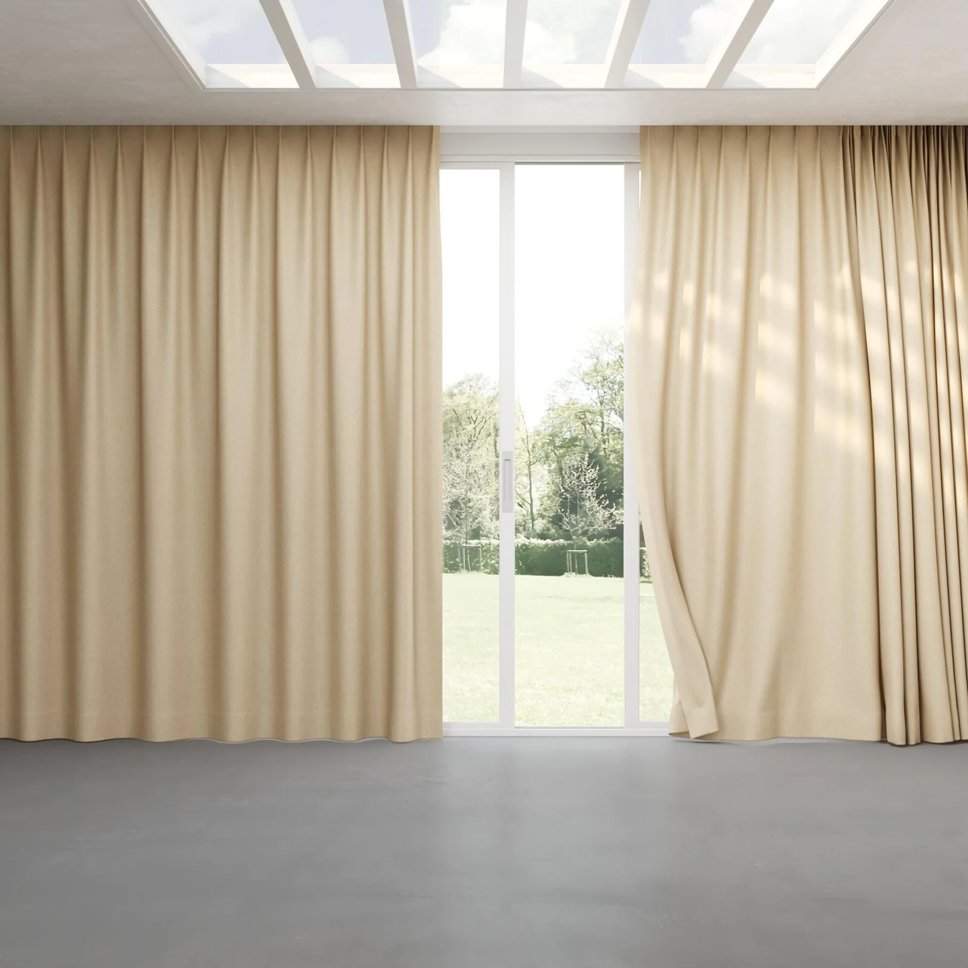 Full view of Hometown Beige, pinch pleat