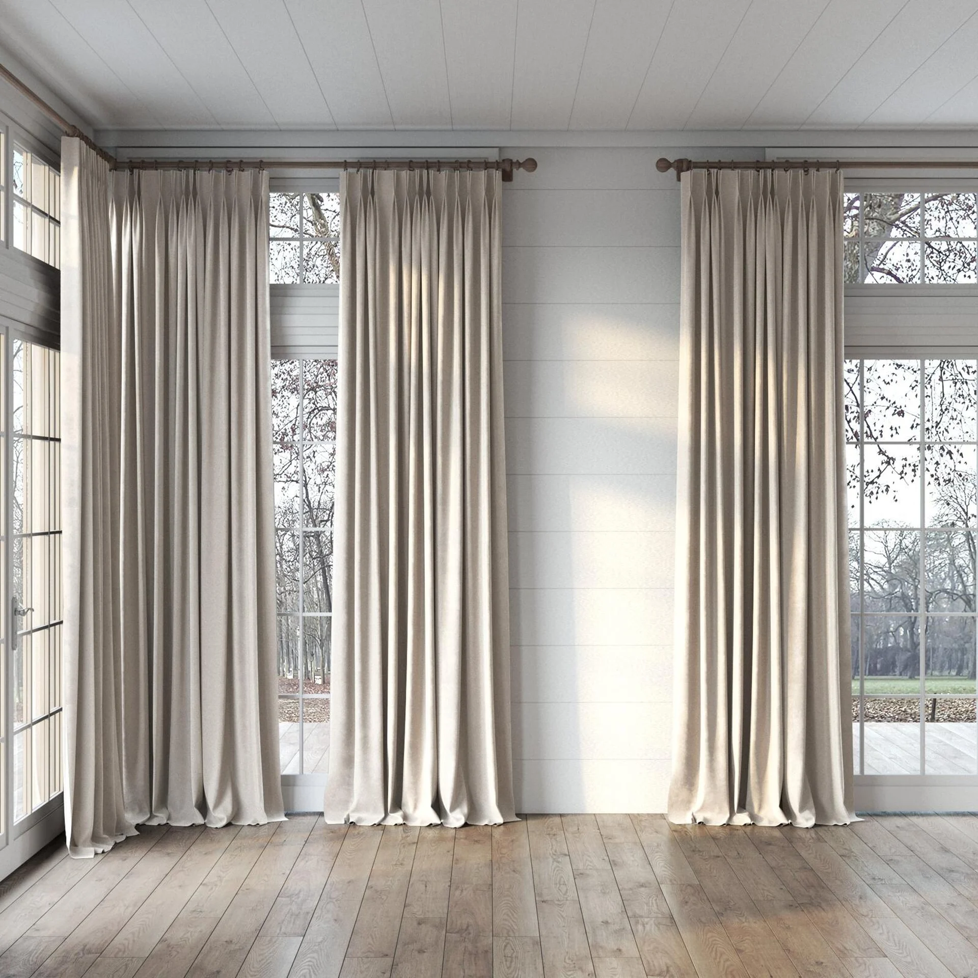 Full view of Moon Sesame, puddled, on curtain rod