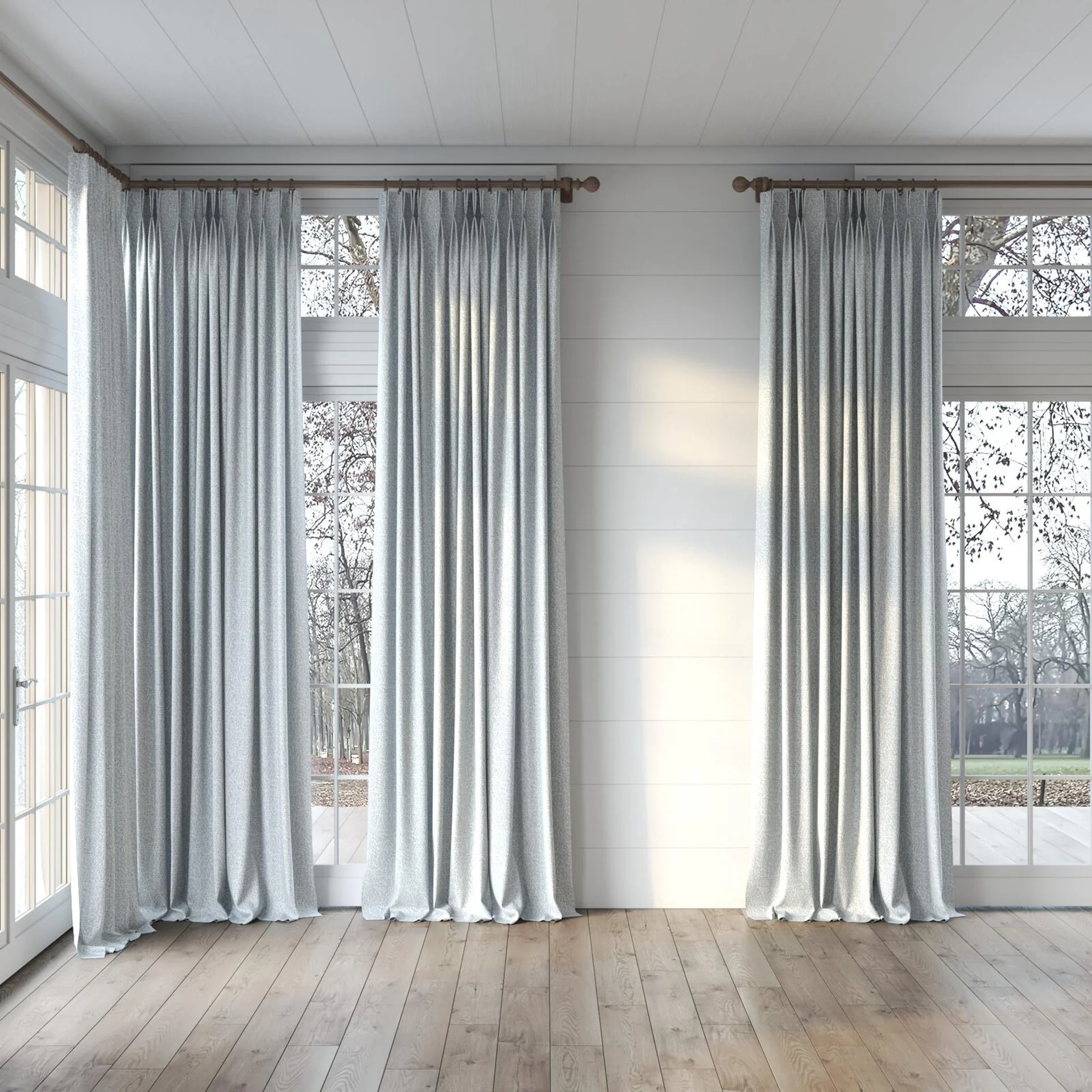 Full view of Sabik Stone, puddled, on curtain rod