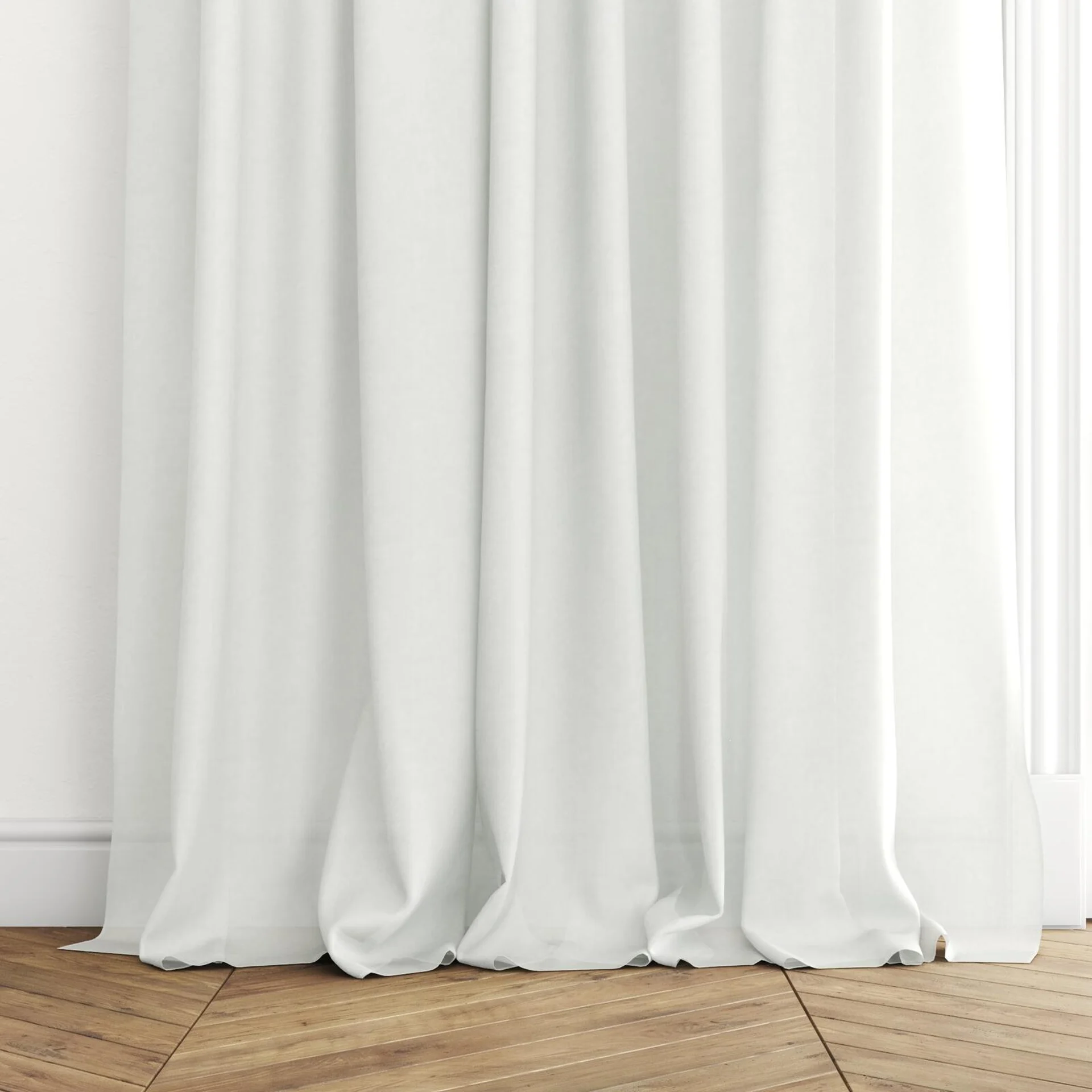 Bottom view of Flo II Nougat, puddled with pinch pleat, on curtain rod