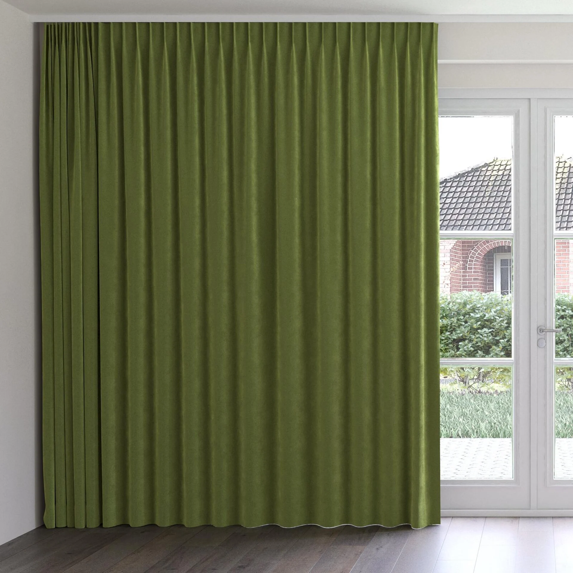 Front view of Lux Velvet Olive 8118, on curtain rail