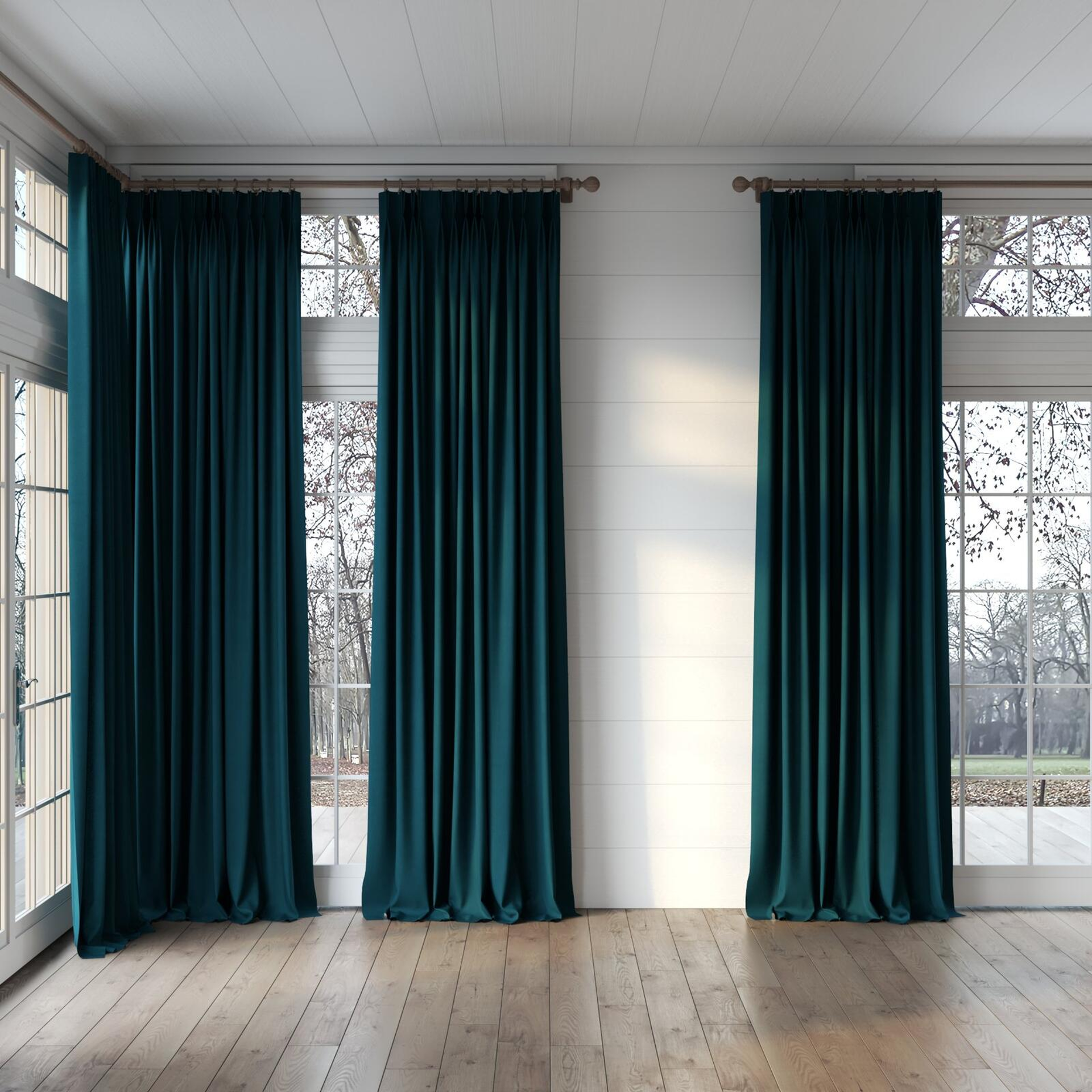 Full view of Lech Teal, puddled, on curtain rod
