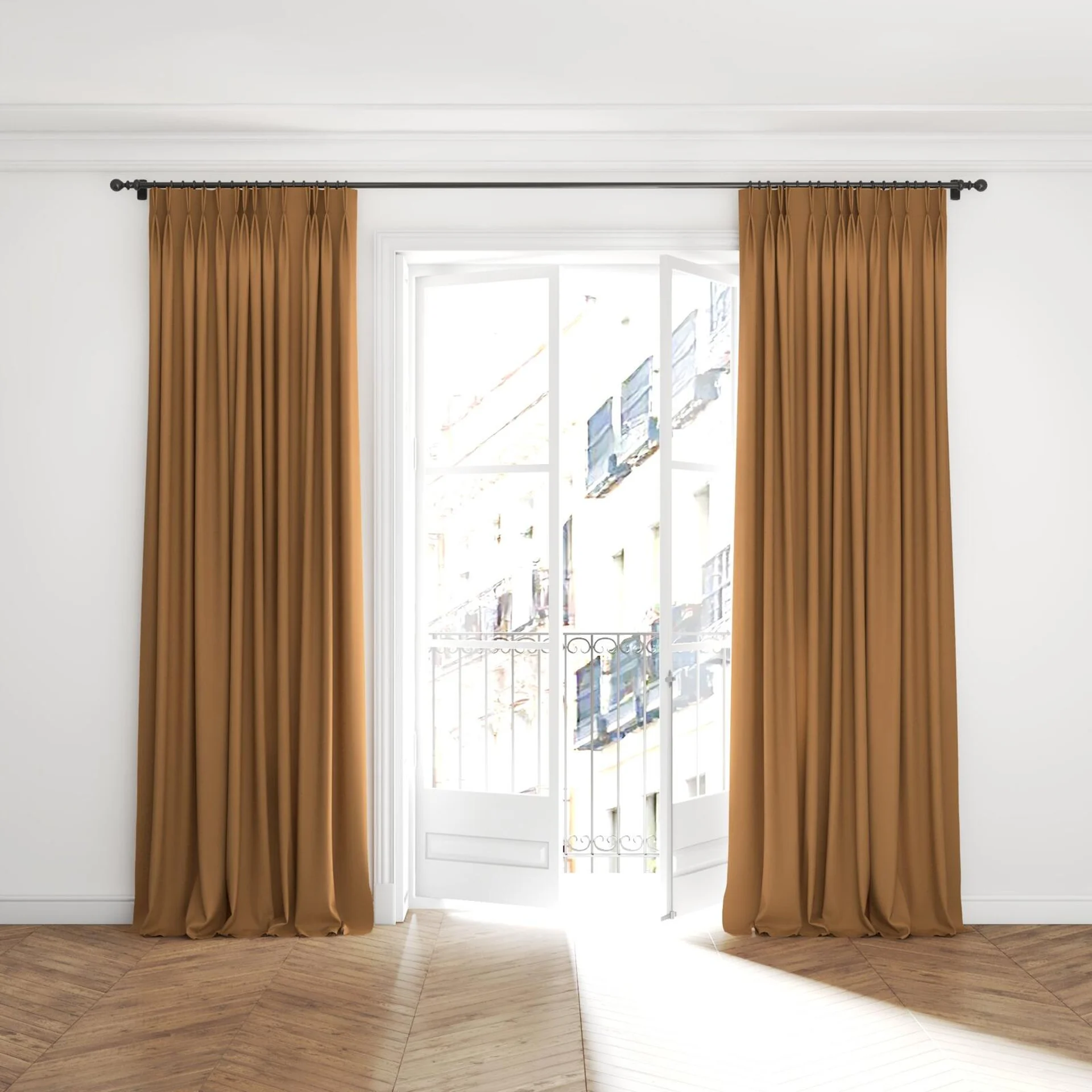 Full view of Darkness Mandarine, puddled with pinch pleat, on curtain rod