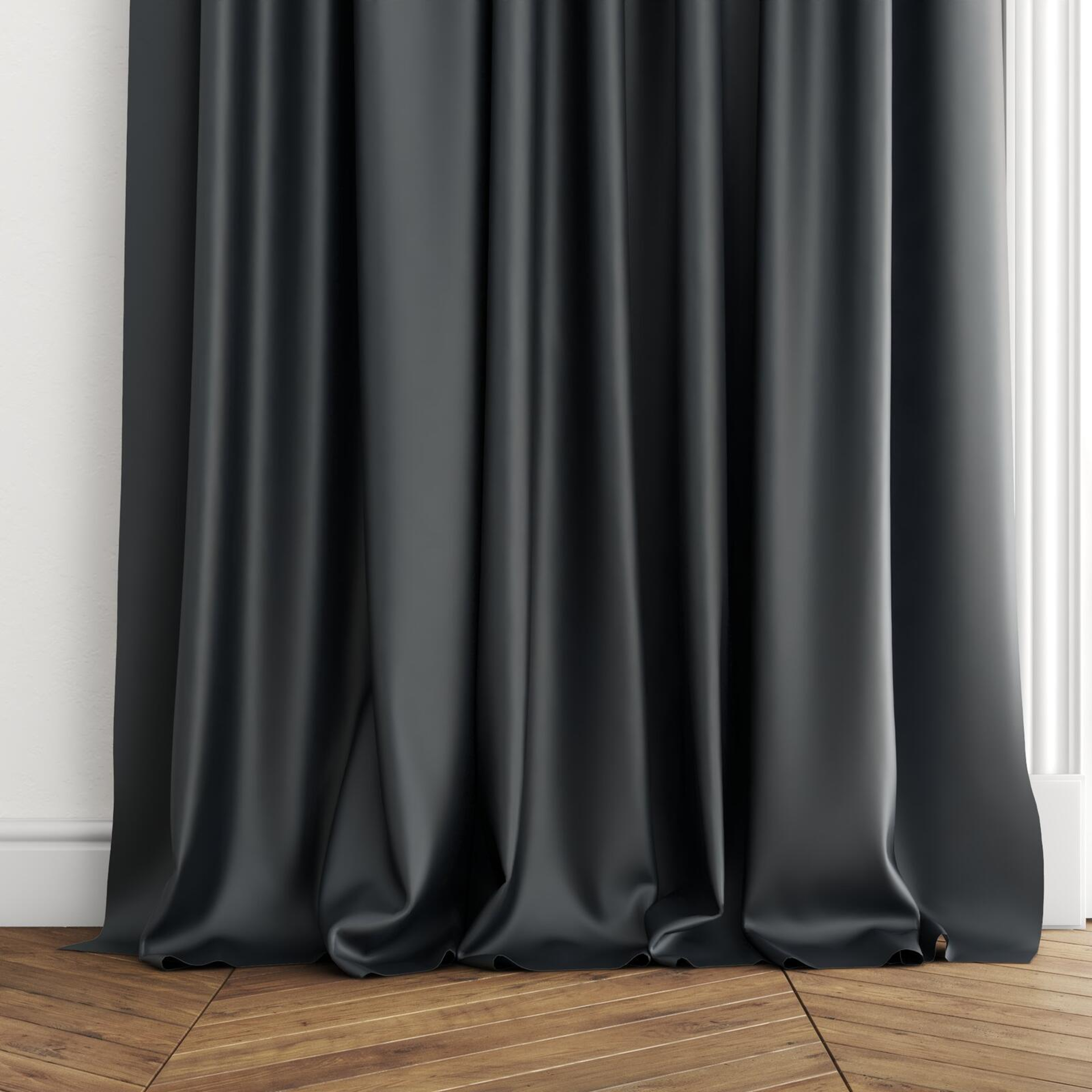Bottom view of Optima Onyx, puddled with pinch pleat, on curtain rod