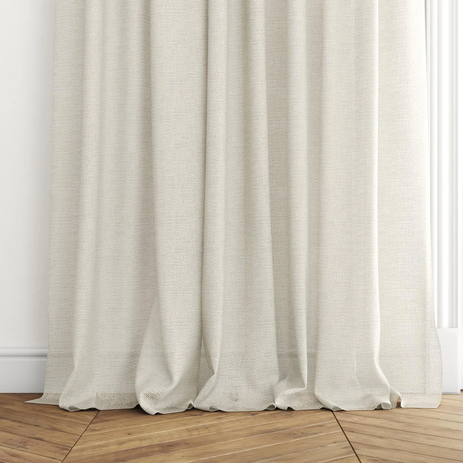 Bottom view of O'Keeffe Sand, puddled with pinch pleat, on curtain rod