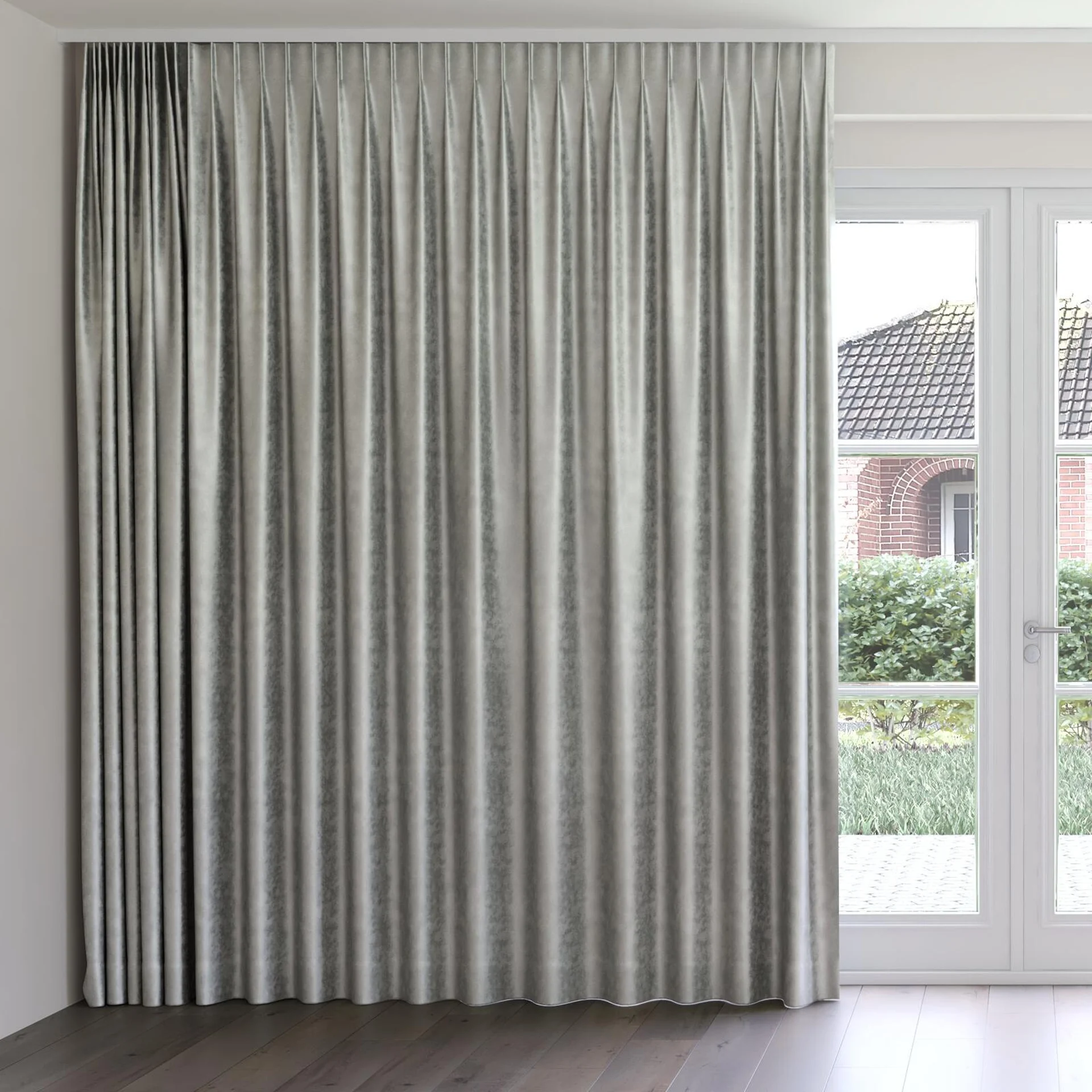 Front view of Fizz Aluminium, on curtain rail