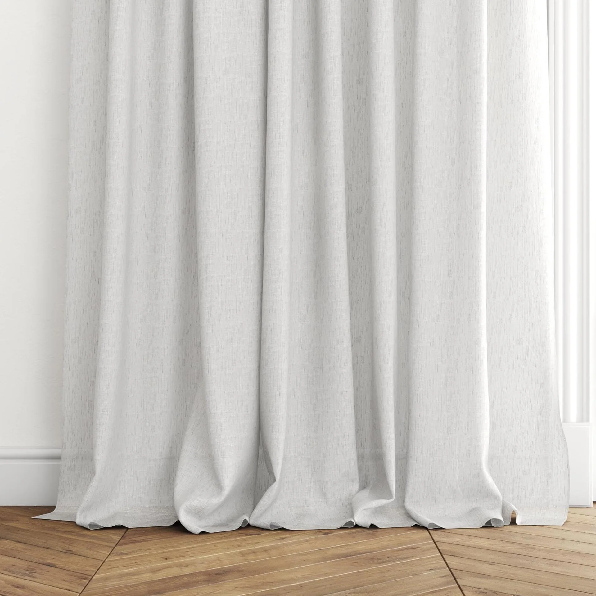 Bottom view of Shoji Silver Birch, puddled with pinch pleat, on curtain rod