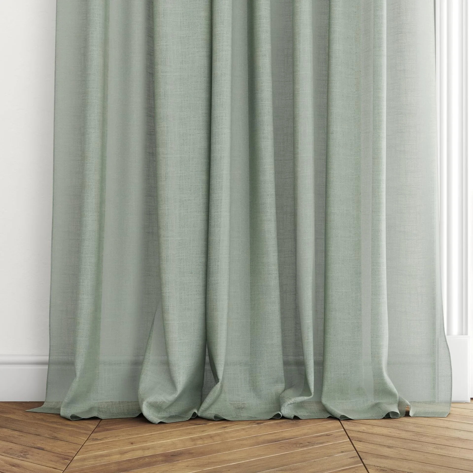 Bottom view of Verdant Sage, puddled with pinch pleat, on curtain rod