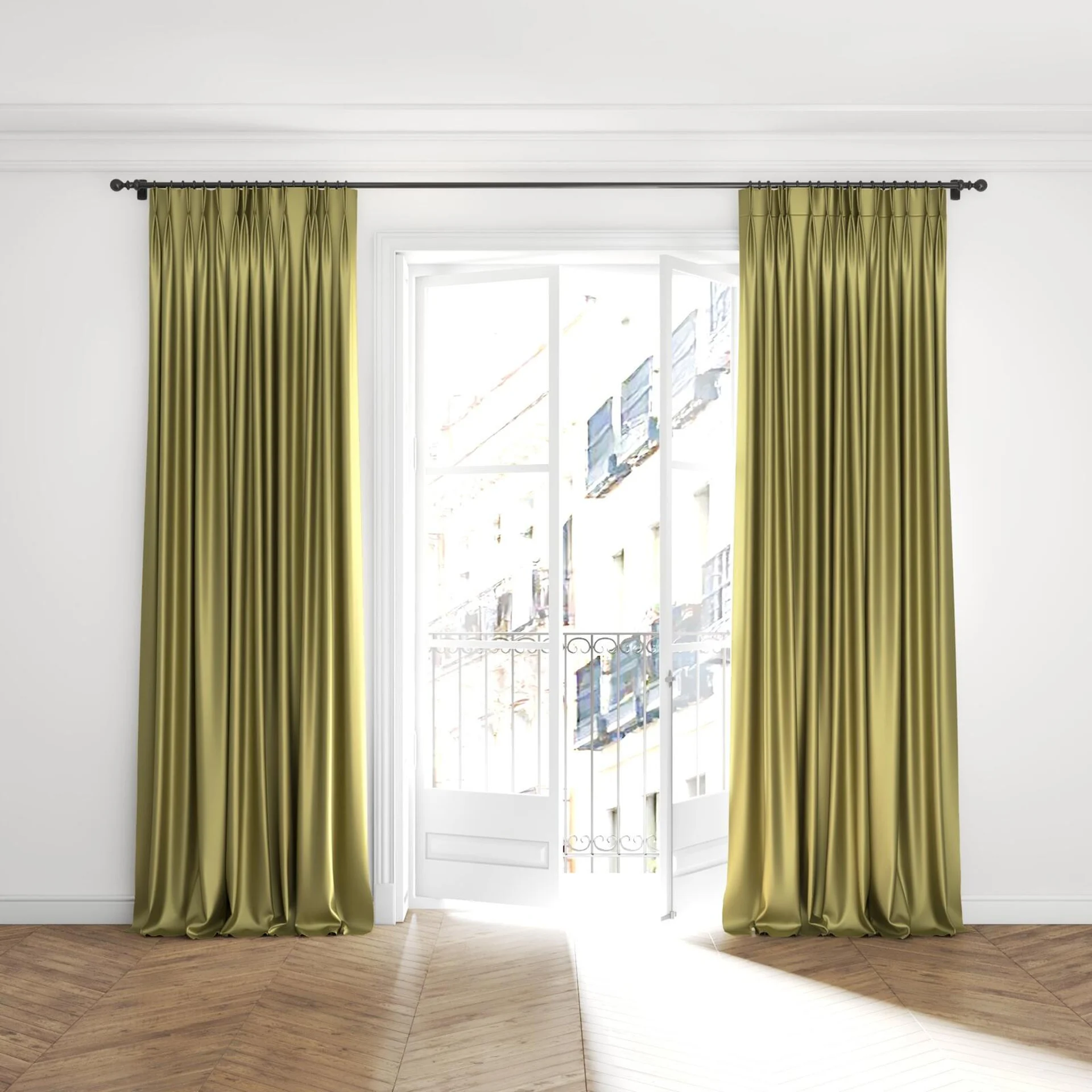 Full view of North Face Moss, puddled with pinch pleat, on curtain rod