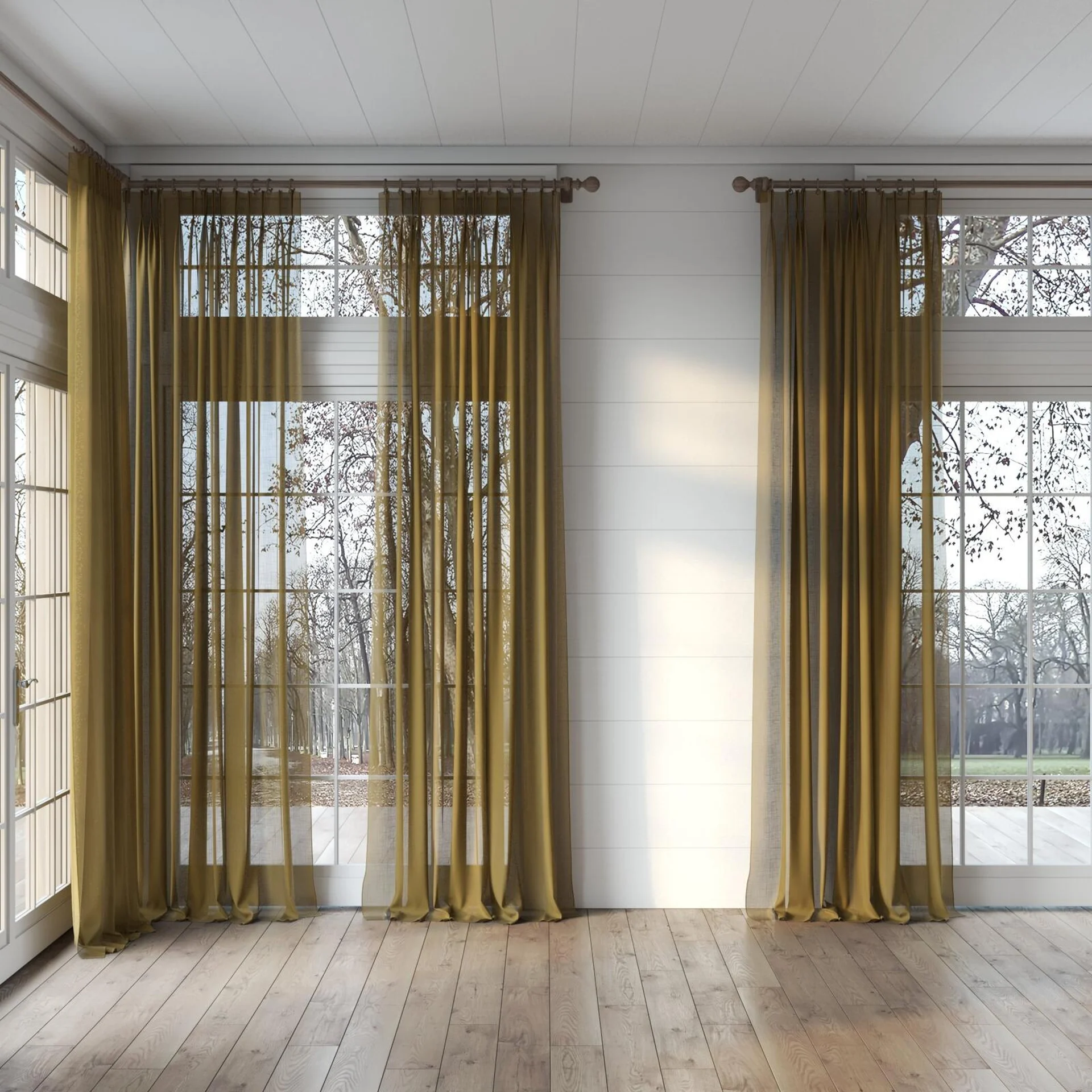 Full view of Kumo Recycled Ochre, puddled, on curtain rod