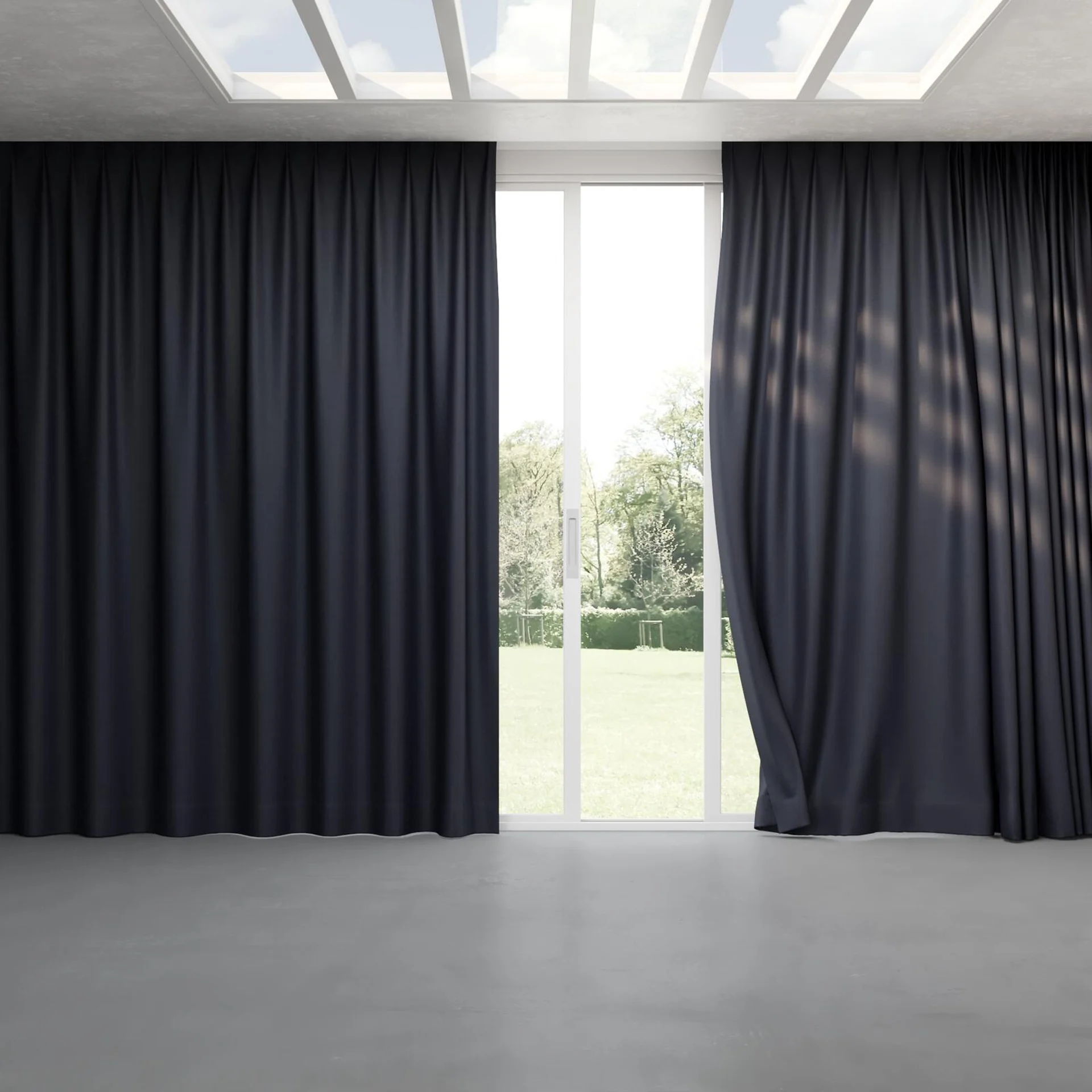Full view of Celestial Ebony, pinch pleat