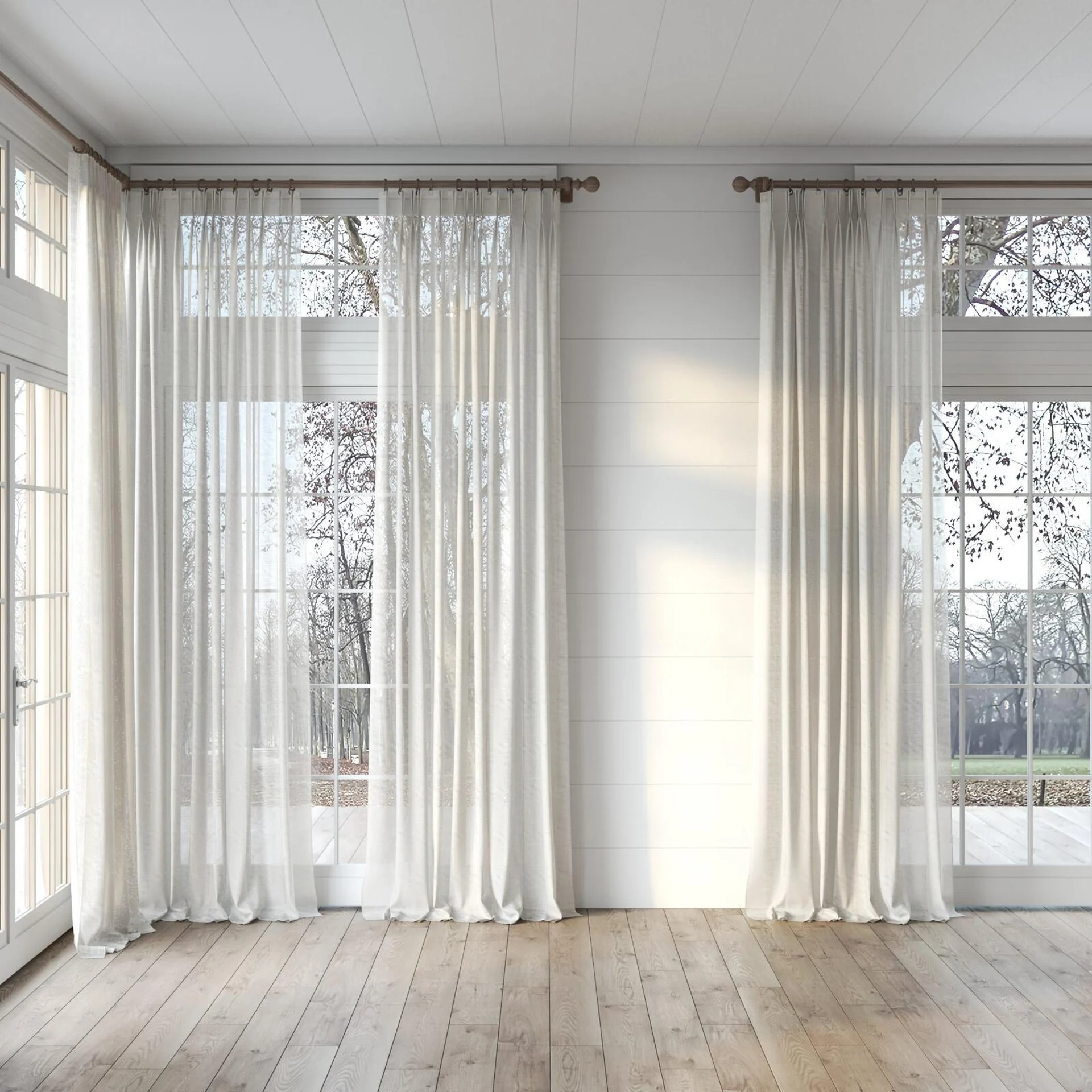Full view of Verdant Oyster, puddled, on curtain rod