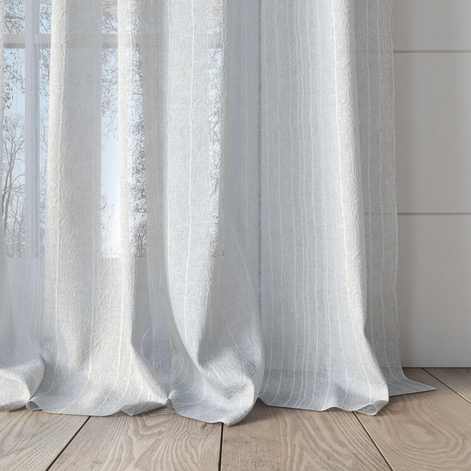 Bottom view of Mira Blanc, puddled, on curtain rod
