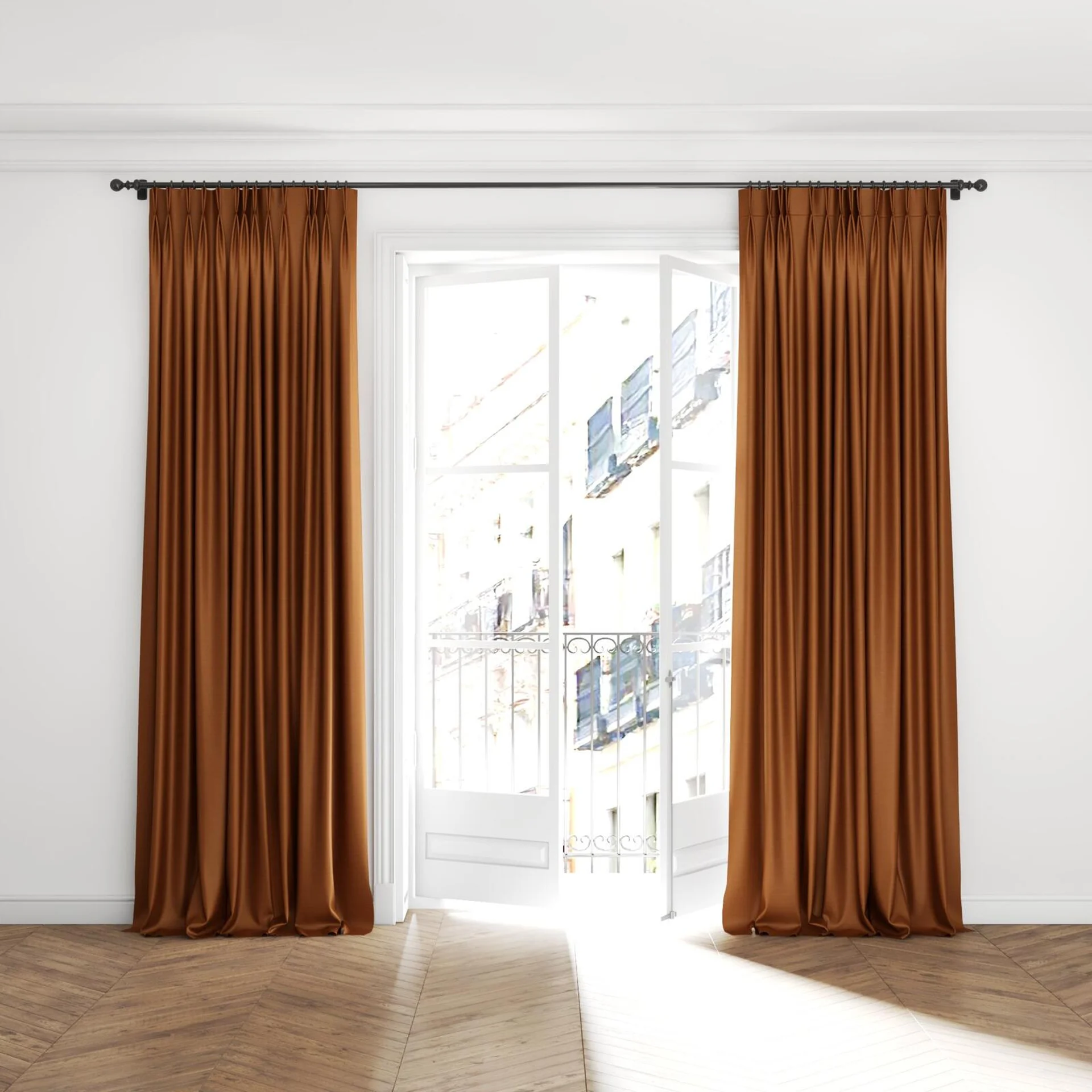 Full view of Silky Nutmeg, puddled with pinch pleat, on curtain rod
