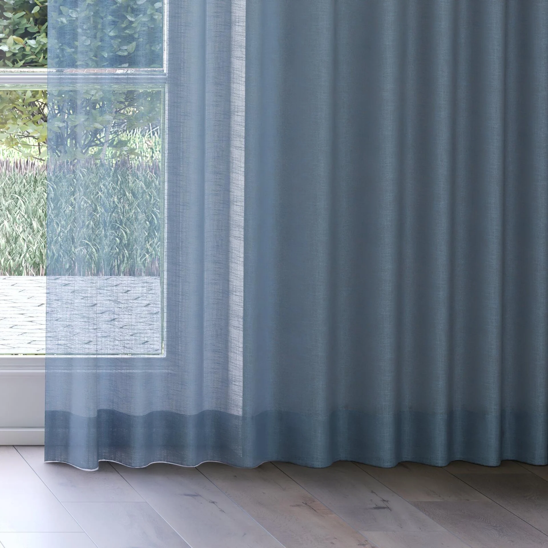 Bottom view of Verdant Denim, on curtain rail