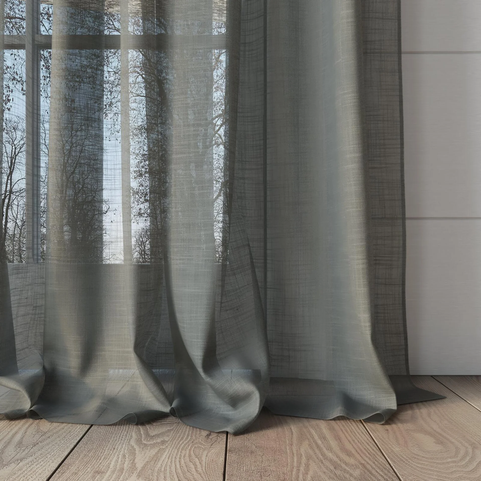 Bottom view of Kumo Recycled Stone, puddled, on curtain rod