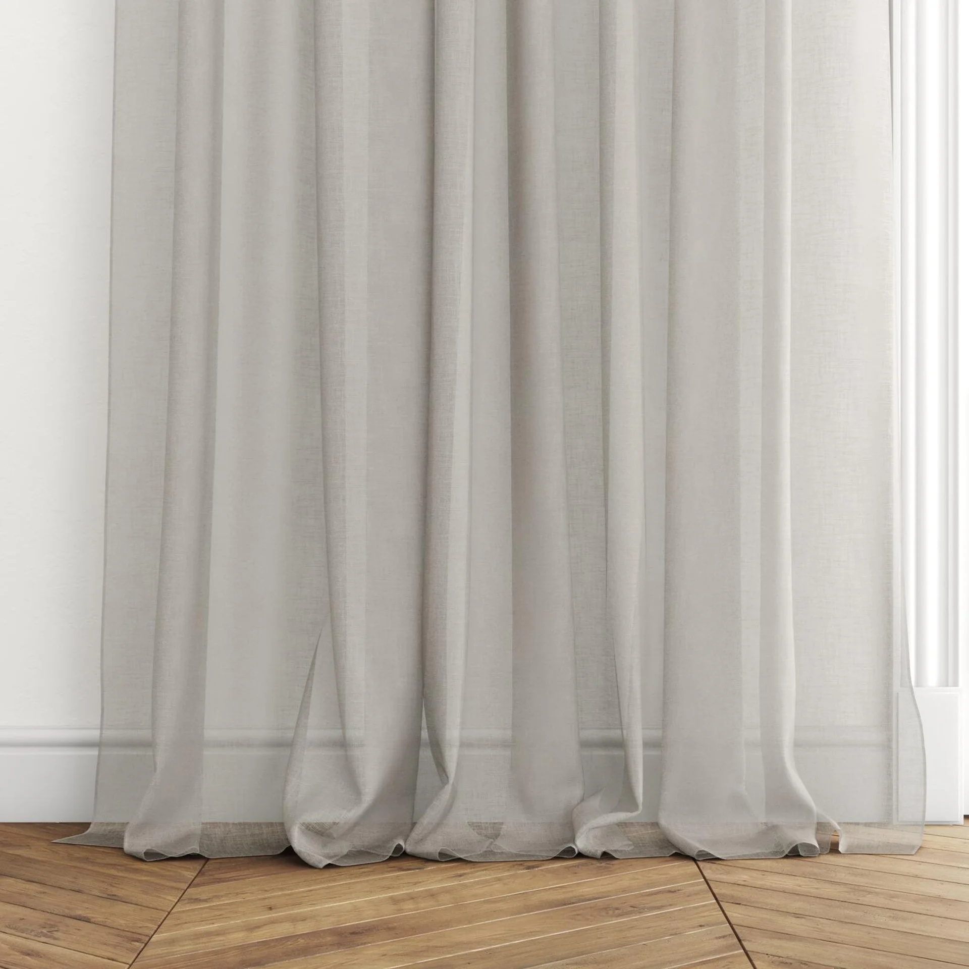 Bottom view of Natura Recycled Pebble, puddled with pinch pleat, on curtain rod