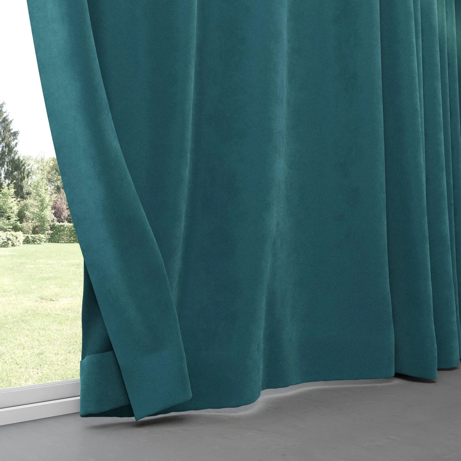 Bottom view of Lux Velvet Teal 8819, pinch pleat