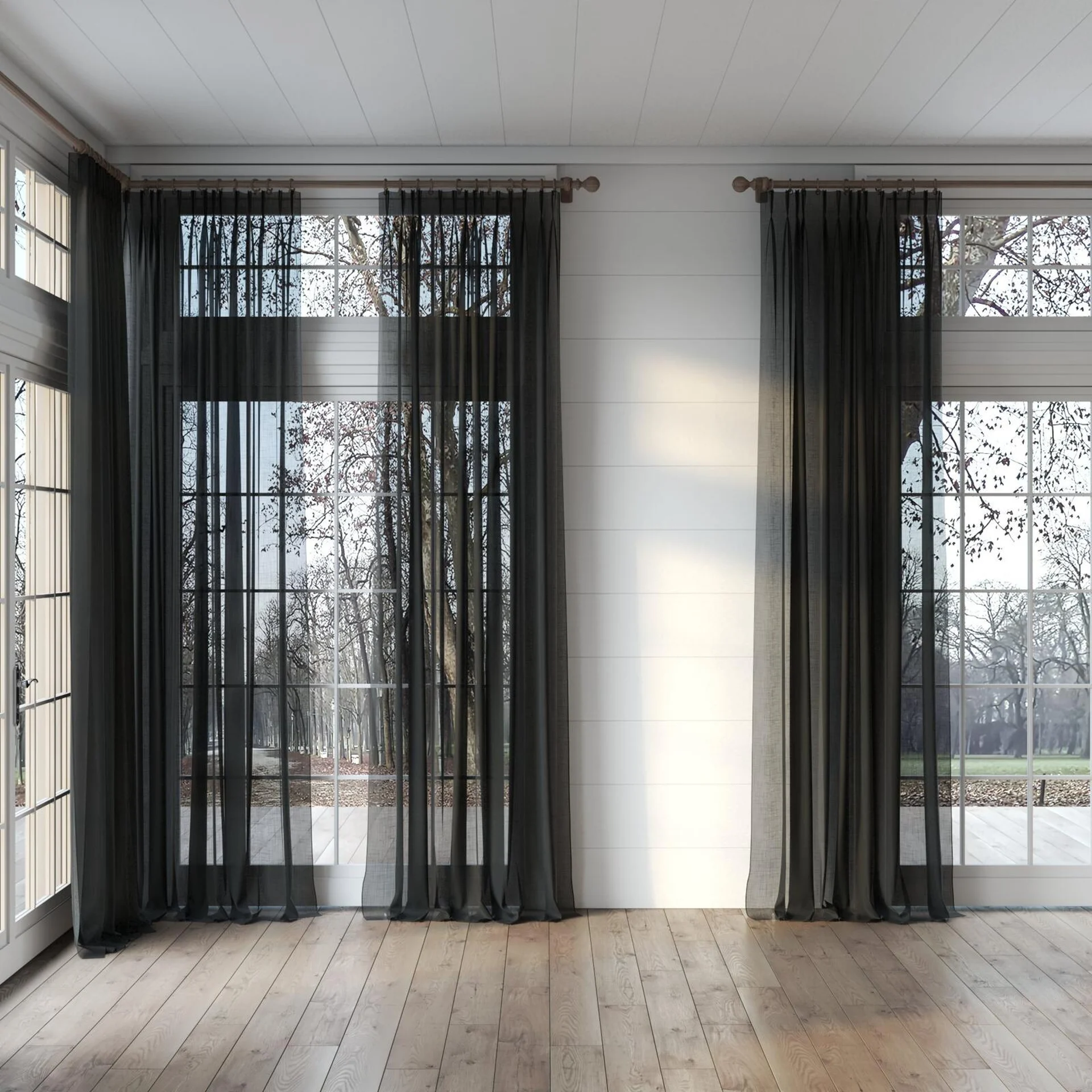 Full view of Kumo Recycled Charcoal, puddled, on curtain rod