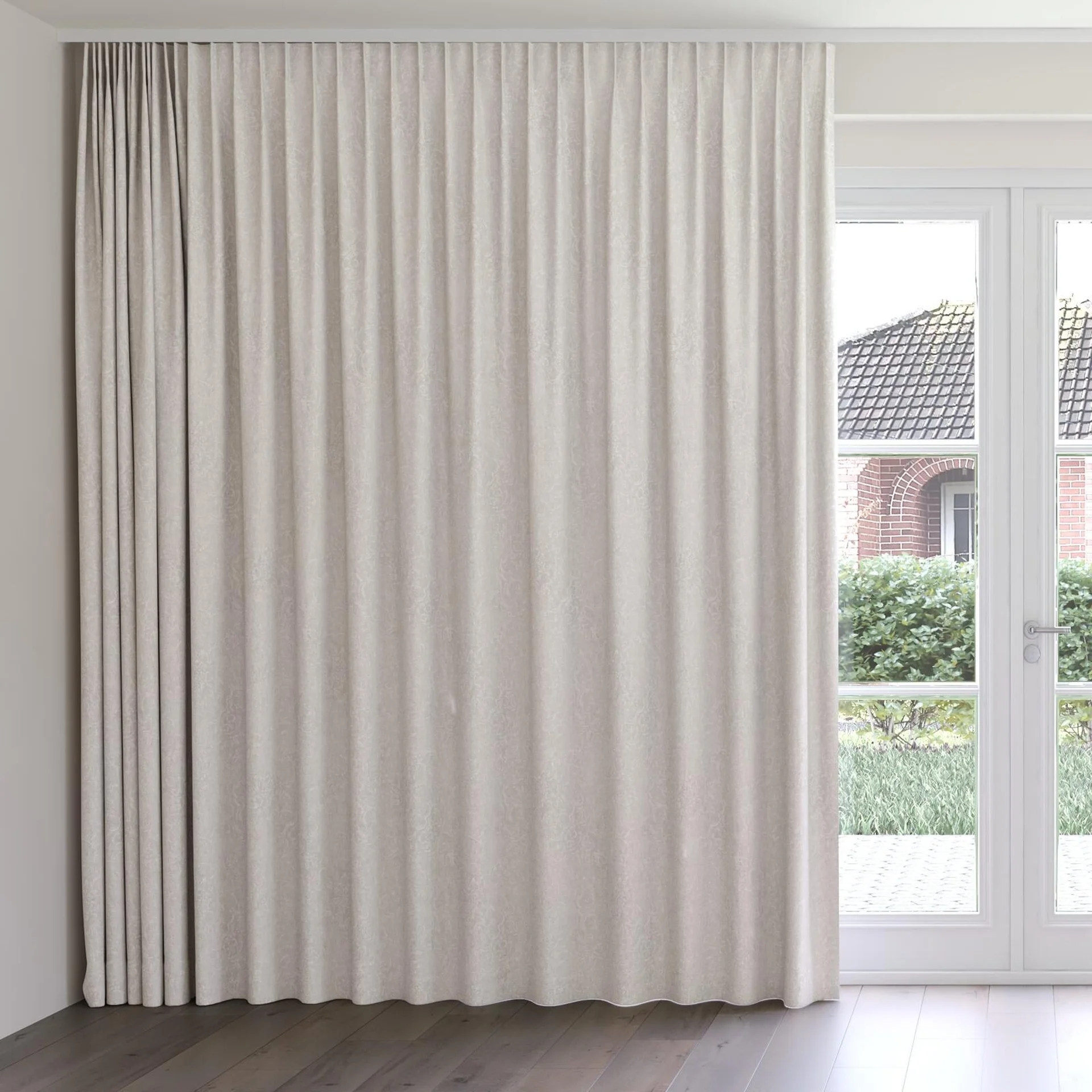 Front view of Azulejo Linen, on curtain rail
