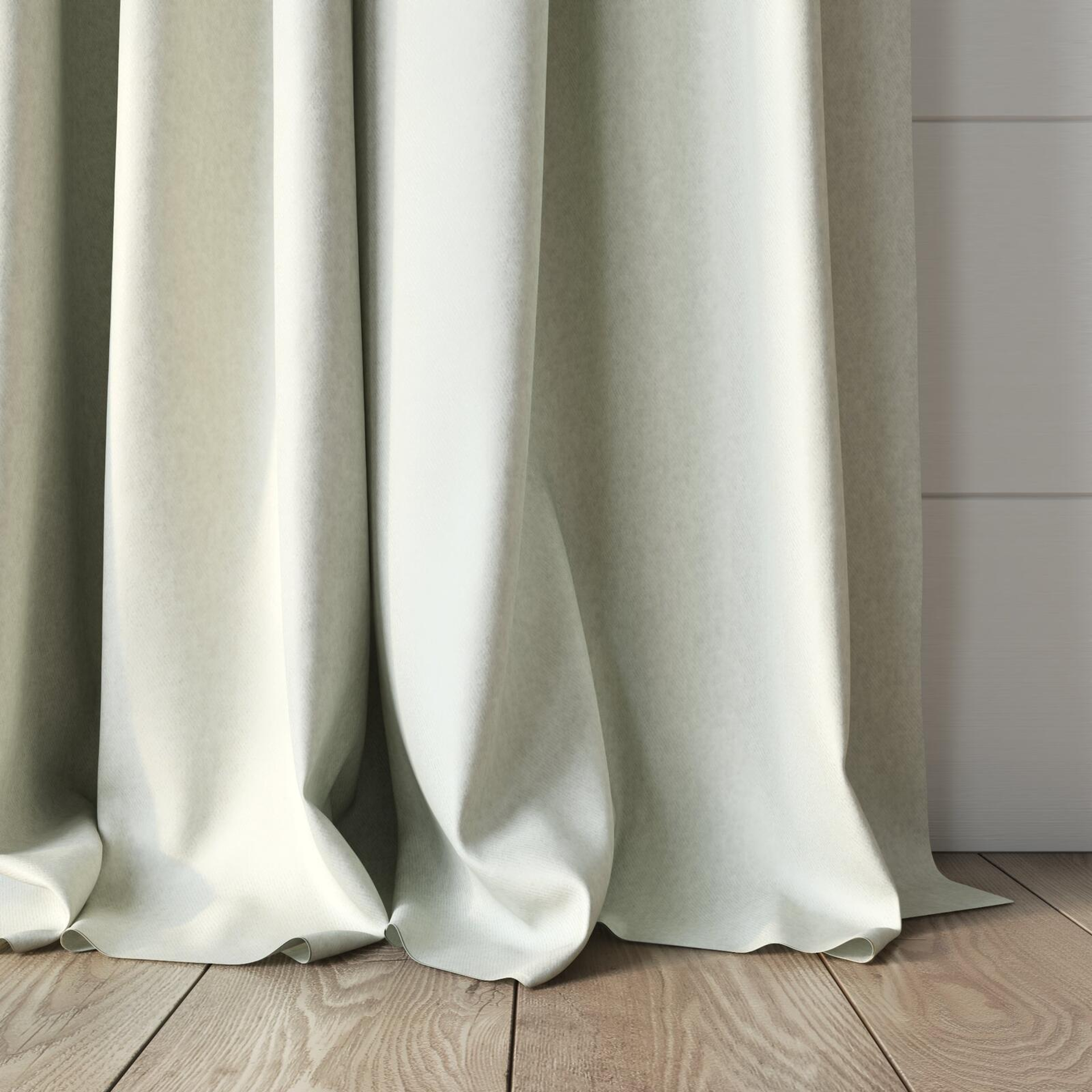 Bottom view of Woolly/Woolen Cream, puddled, on curtain rod