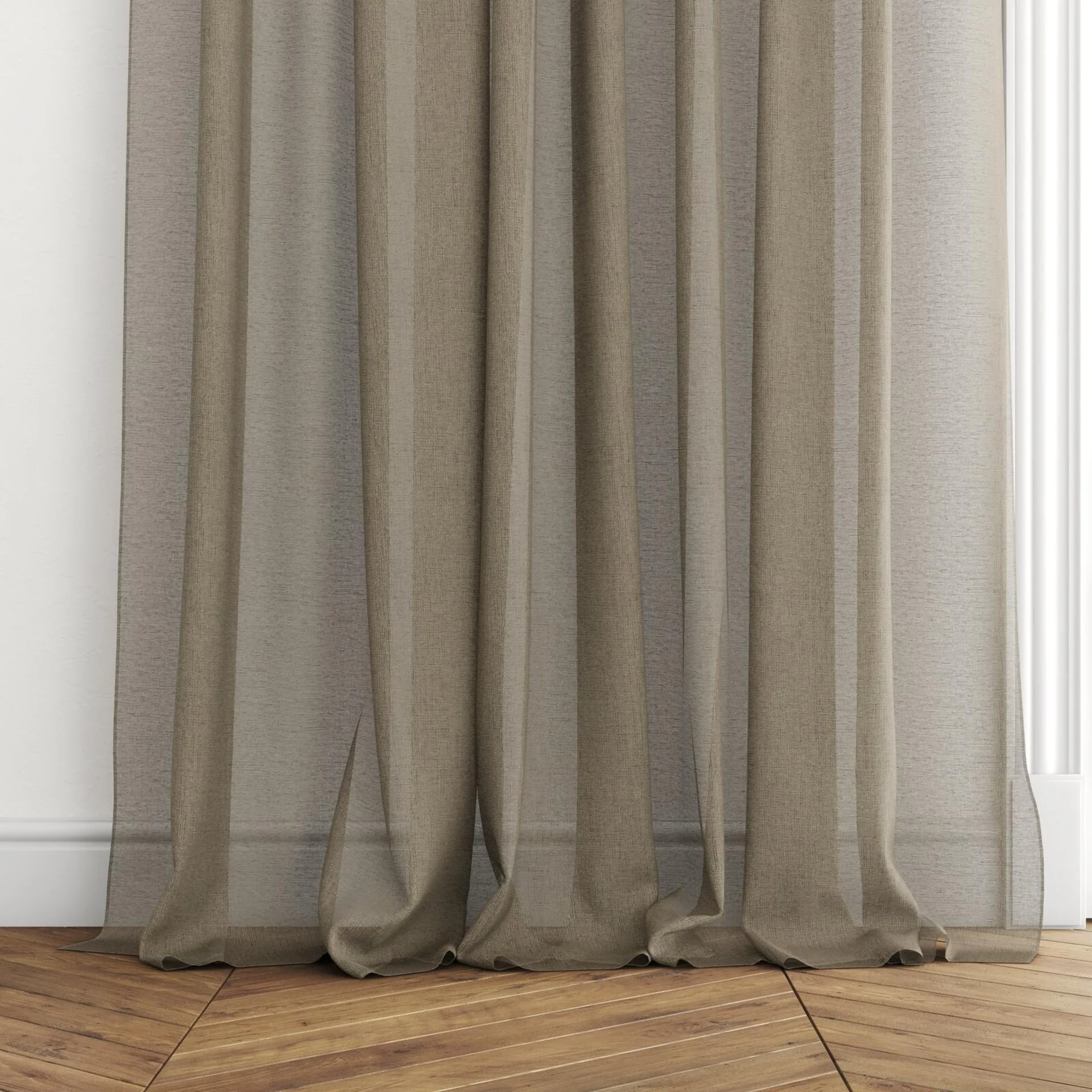 Bottom view of Realism Mink, puddled with pinch pleat, on curtain rod