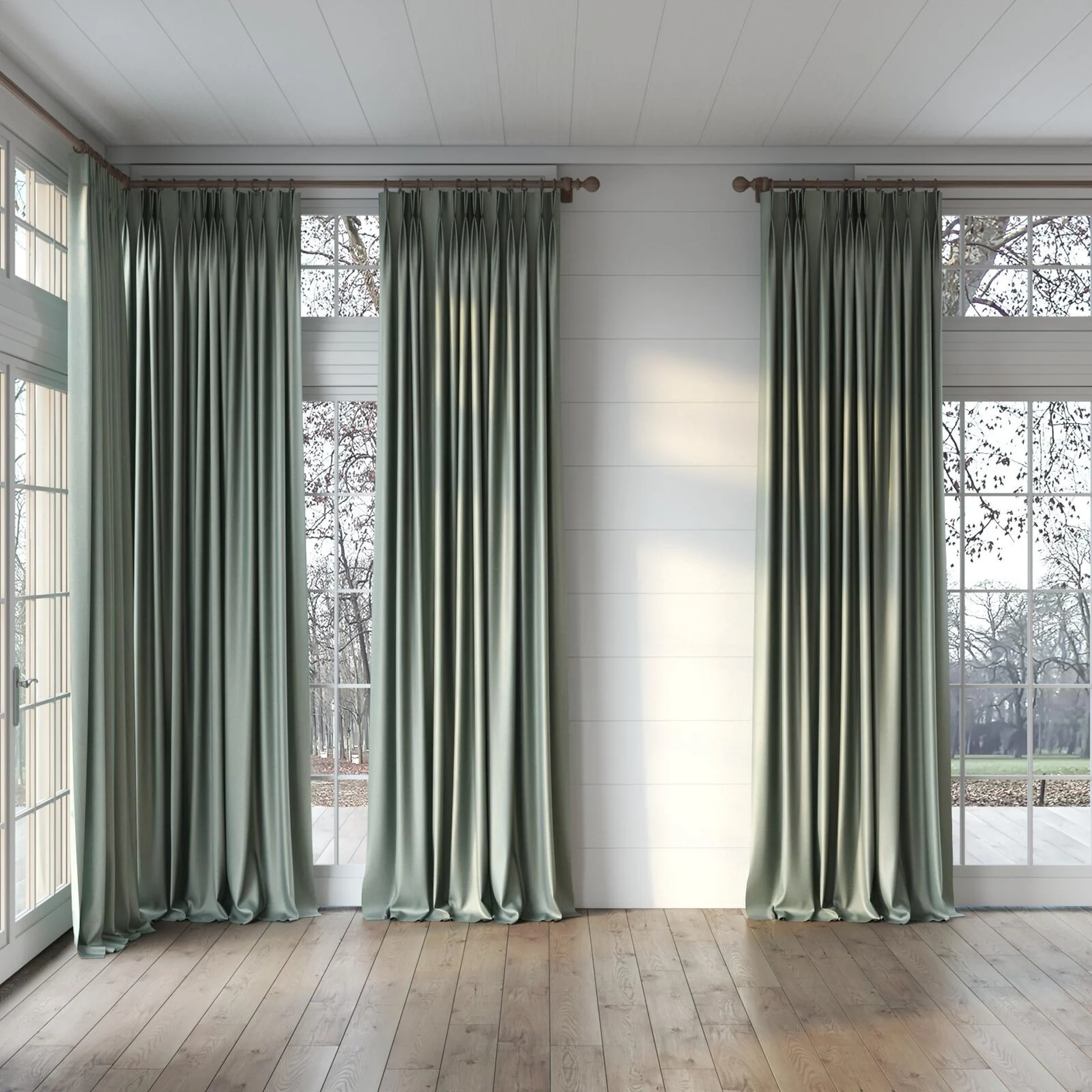 Full view of Matrix Duckegg, puddled, on curtain rod