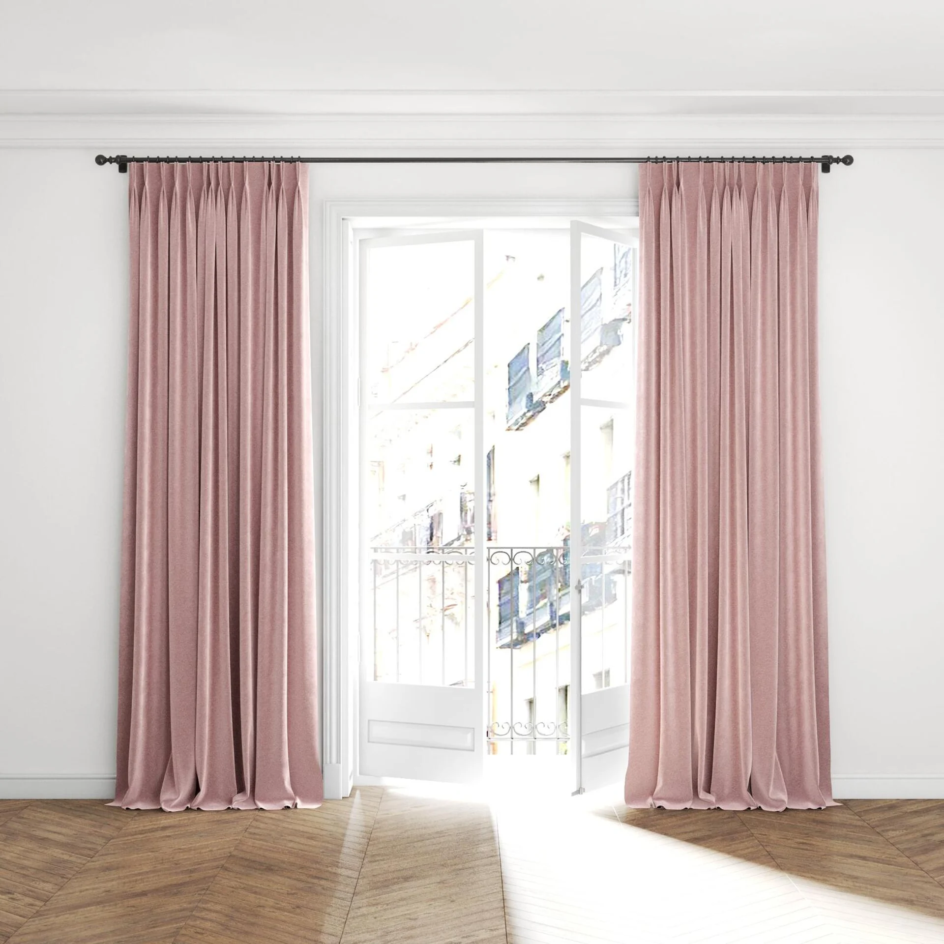 Full view of Geneva Orchid, puddled with pinch pleat, on curtain rod