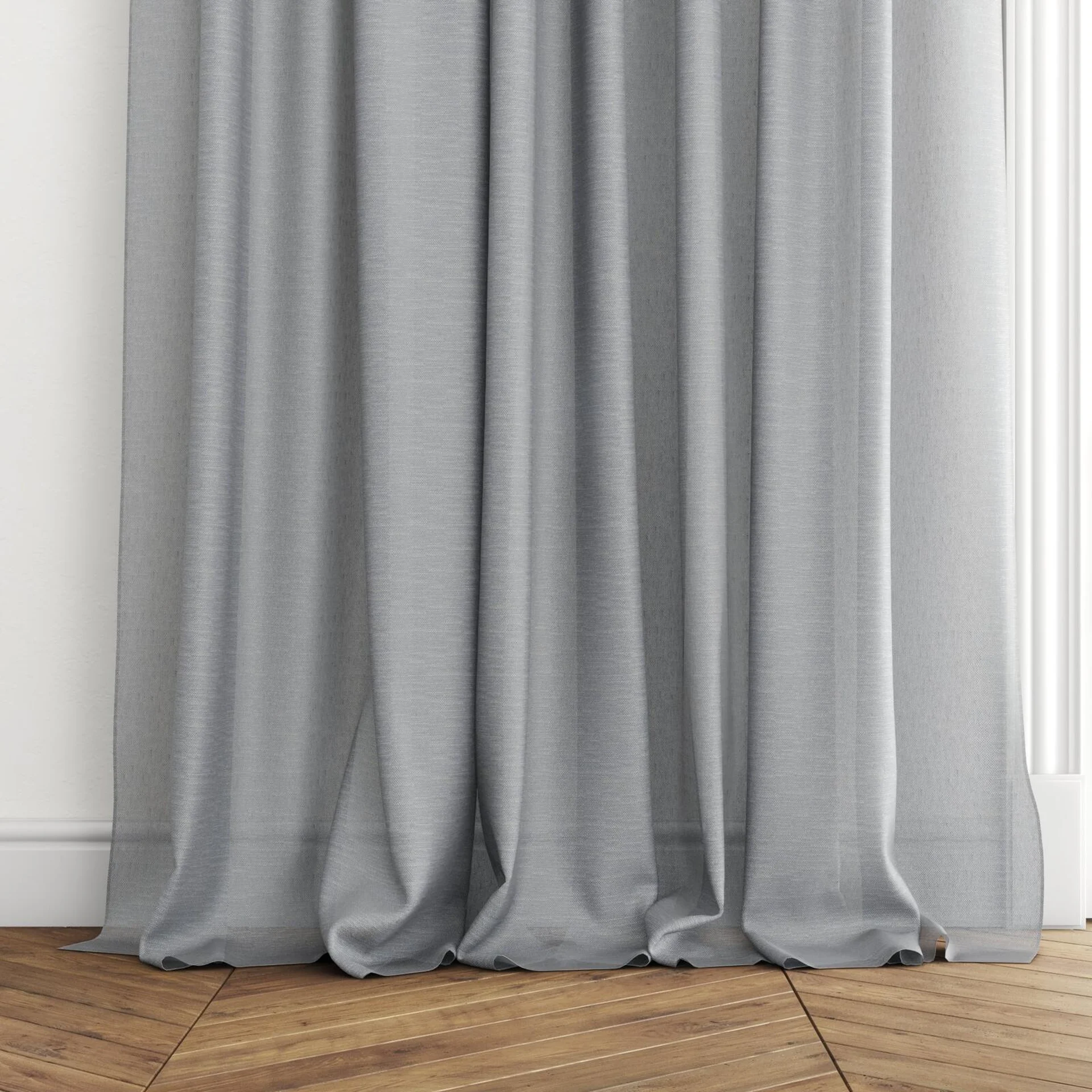 Bottom view of Alcova Dust, puddled with pinch pleat, on curtain rod