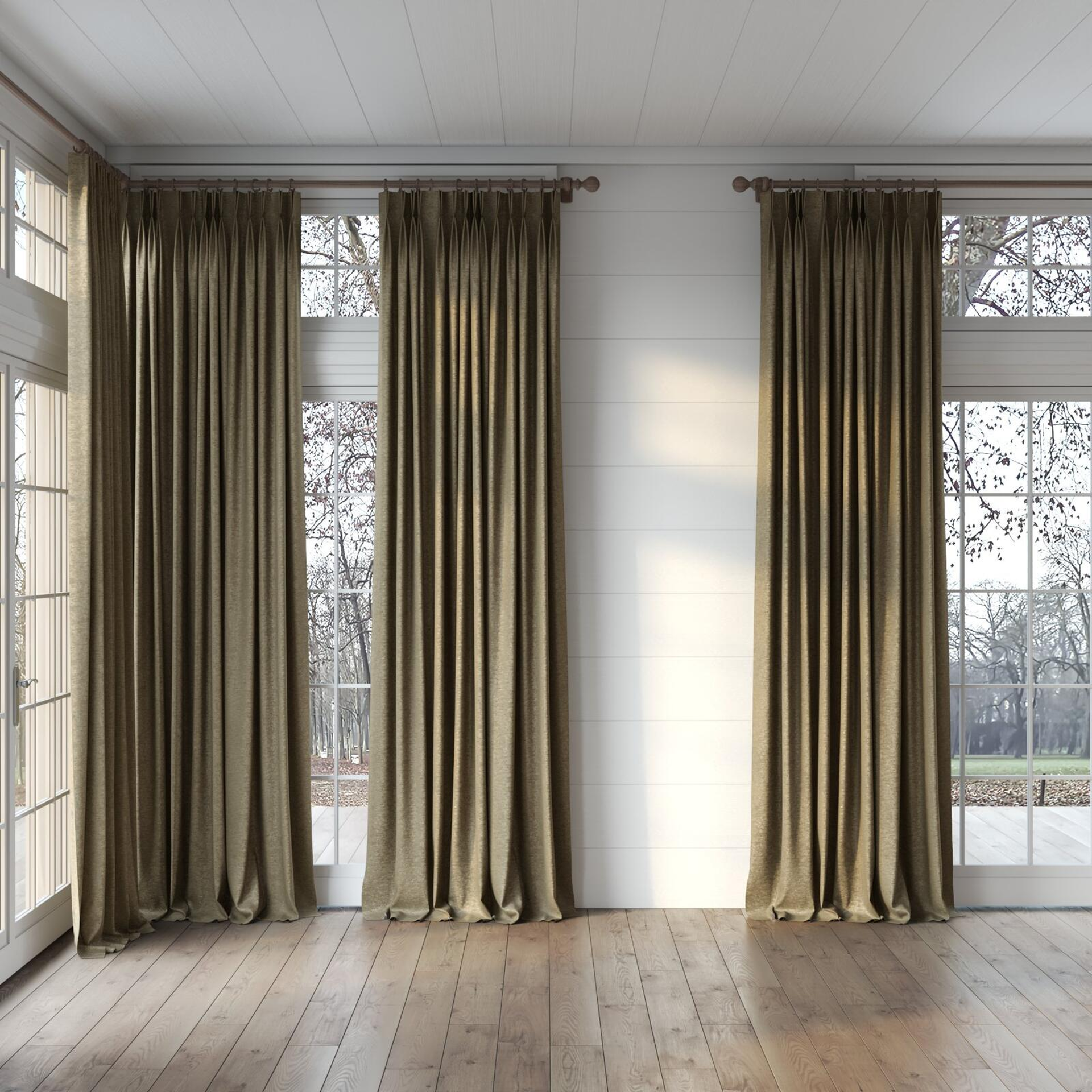 Full view of Lambada Toffee, puddled, on curtain rod
