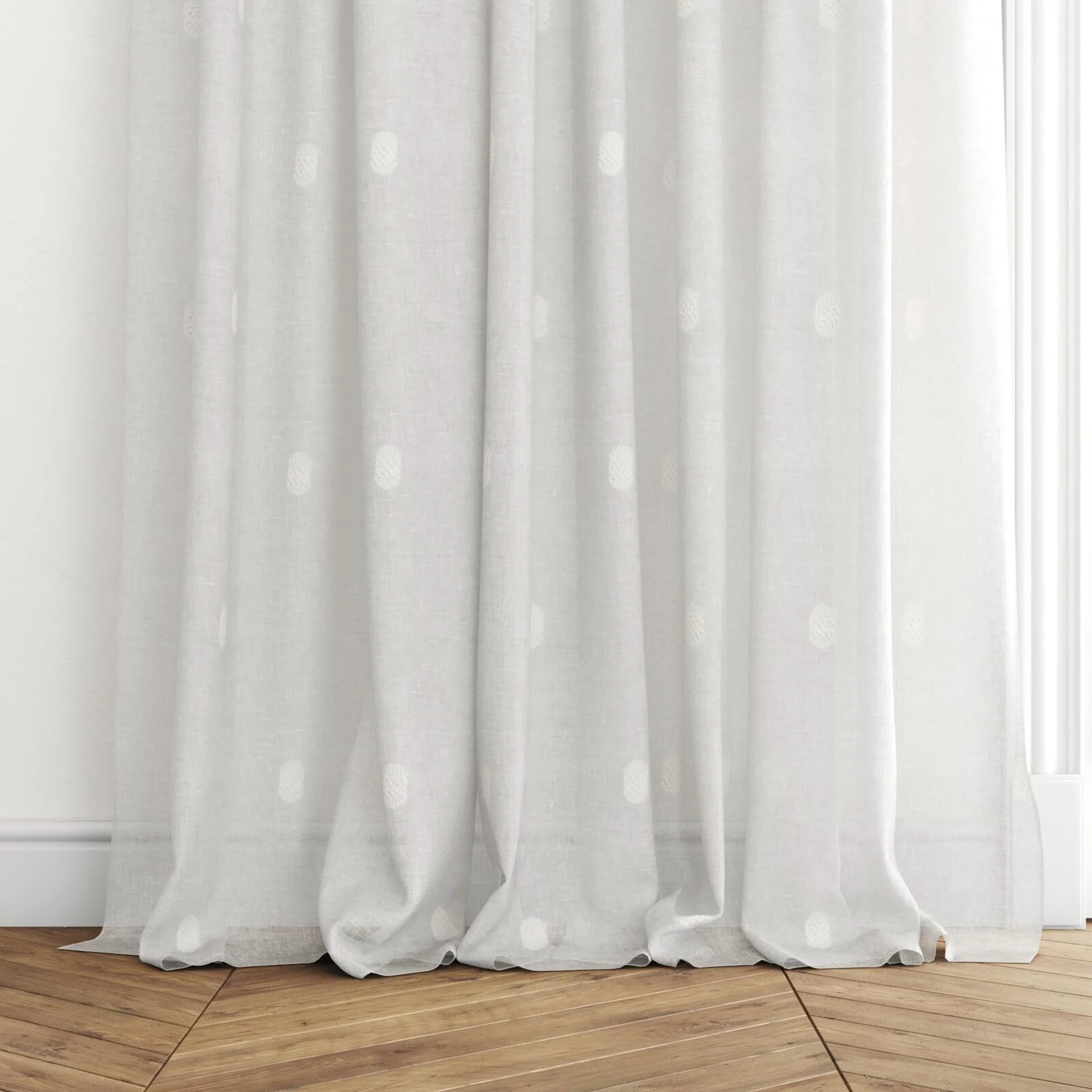 Bottom view of Gentle Creme, puddled with pinch pleat, on curtain rod