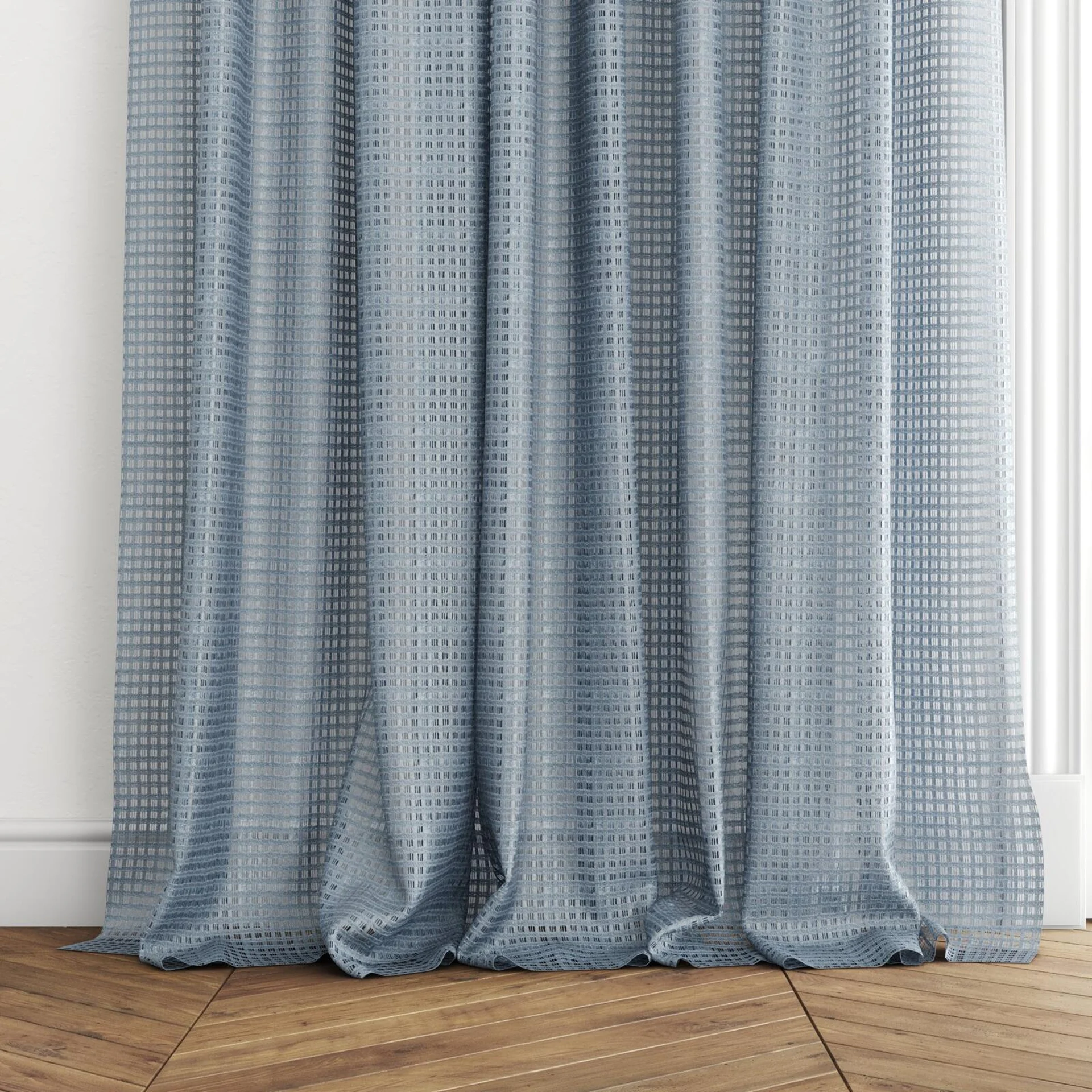 Bottom view of Bryce Petrol, puddled with pinch pleat, on curtain rod