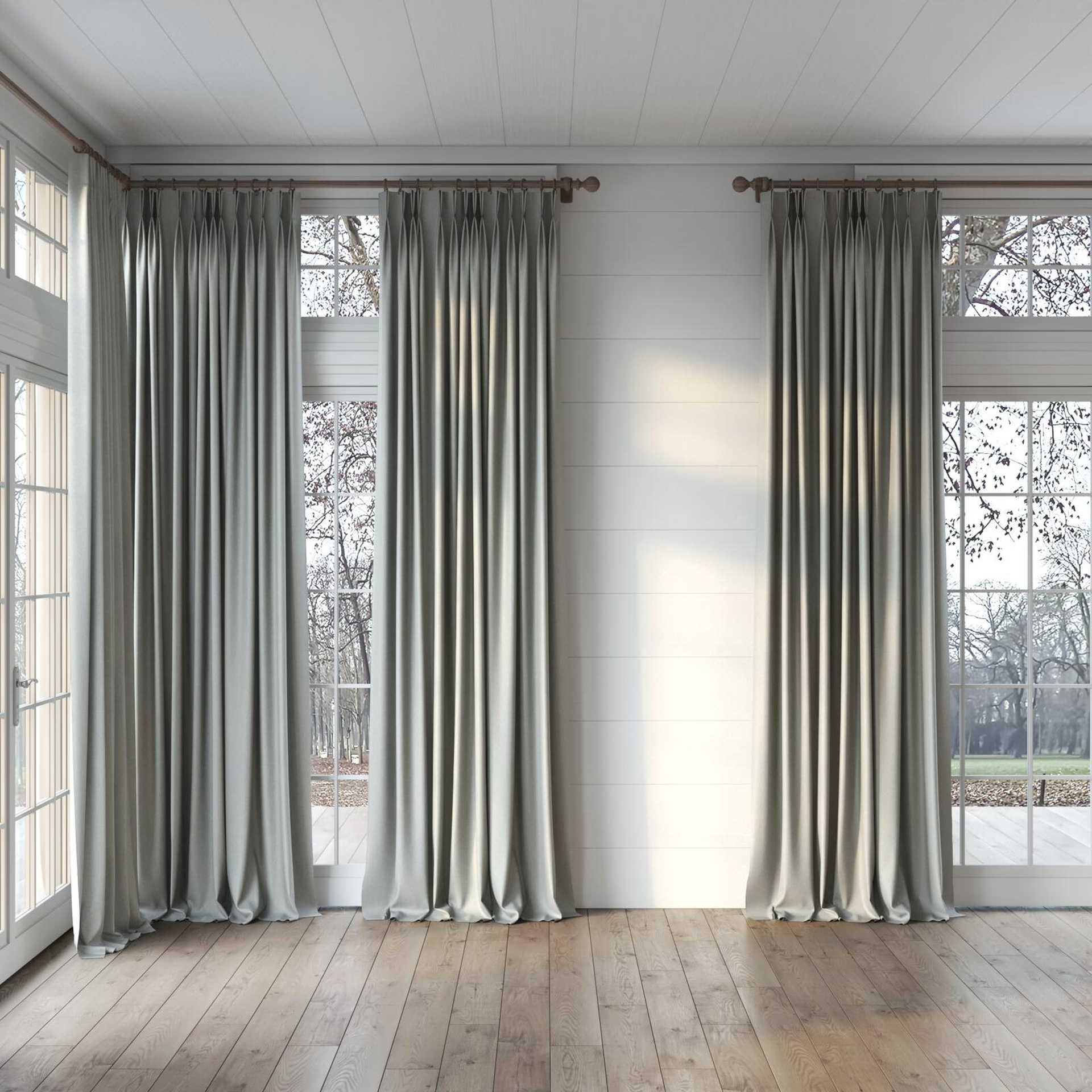 Full view of Woolly/Woolen Silver, puddled, on curtain rod